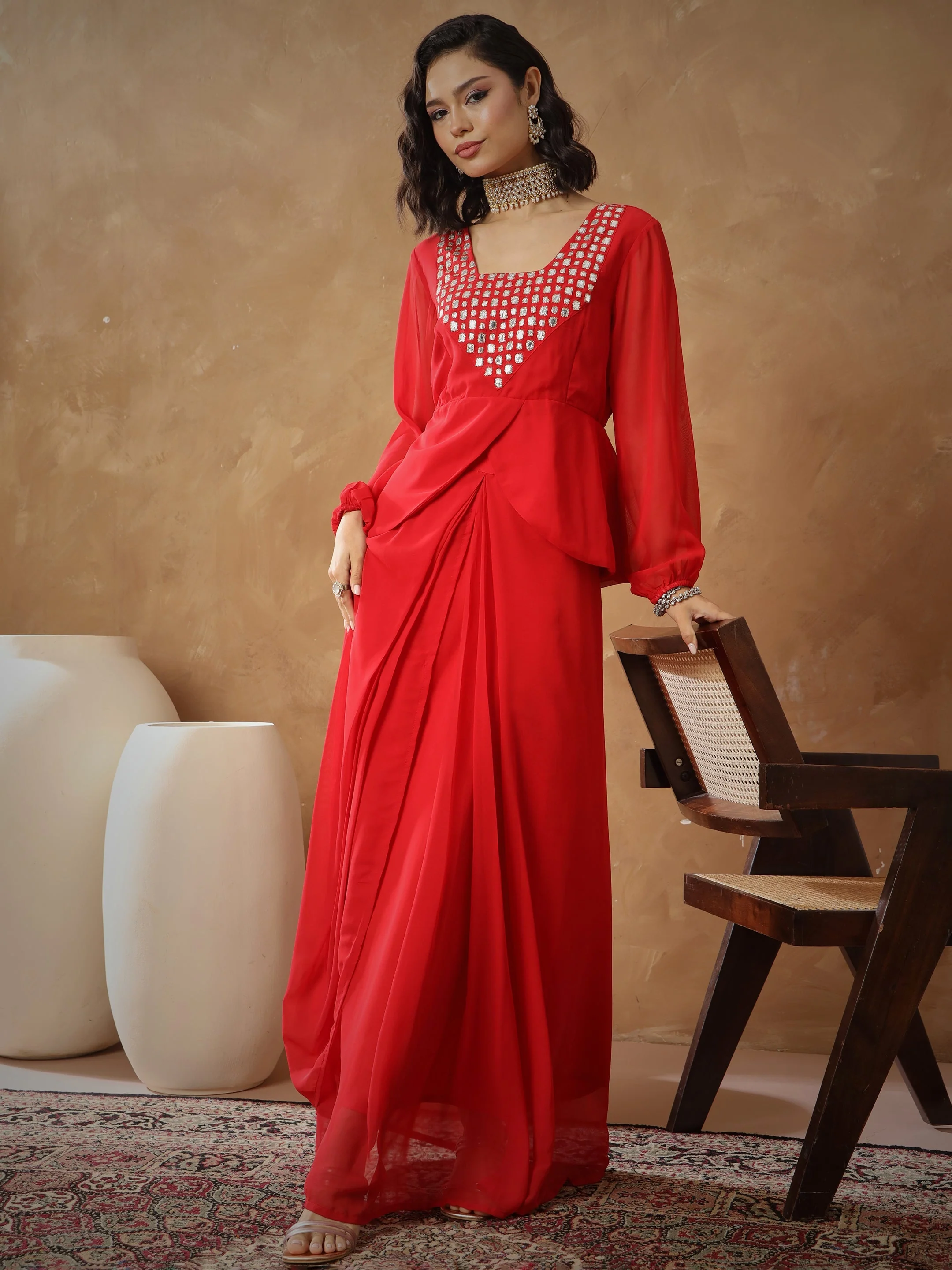 Women Red Embroidered Square Neck Top With Drape Skirt - Image 2