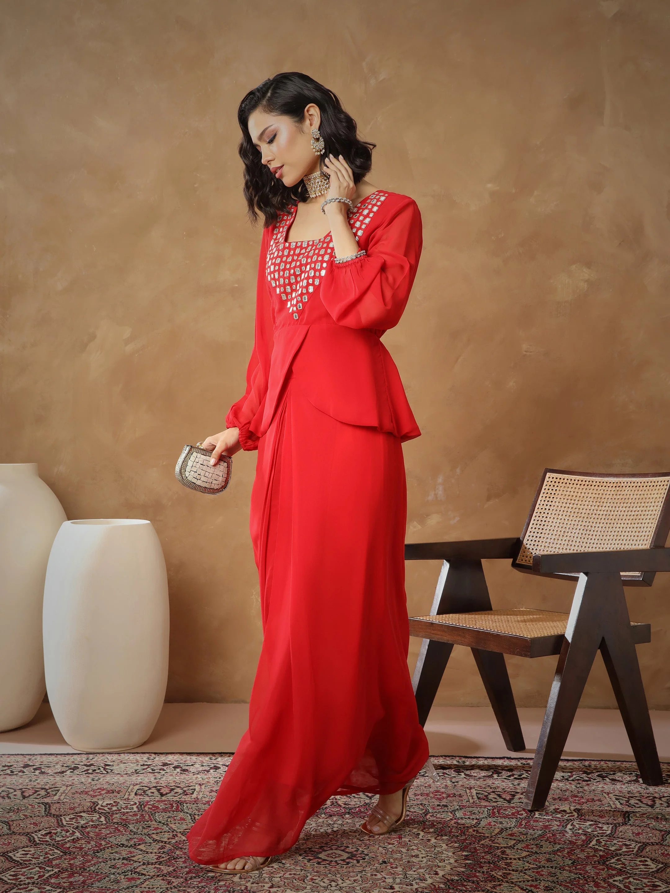 Women Red Embroidered Square Neck Top With Drape Skirt - Image 3