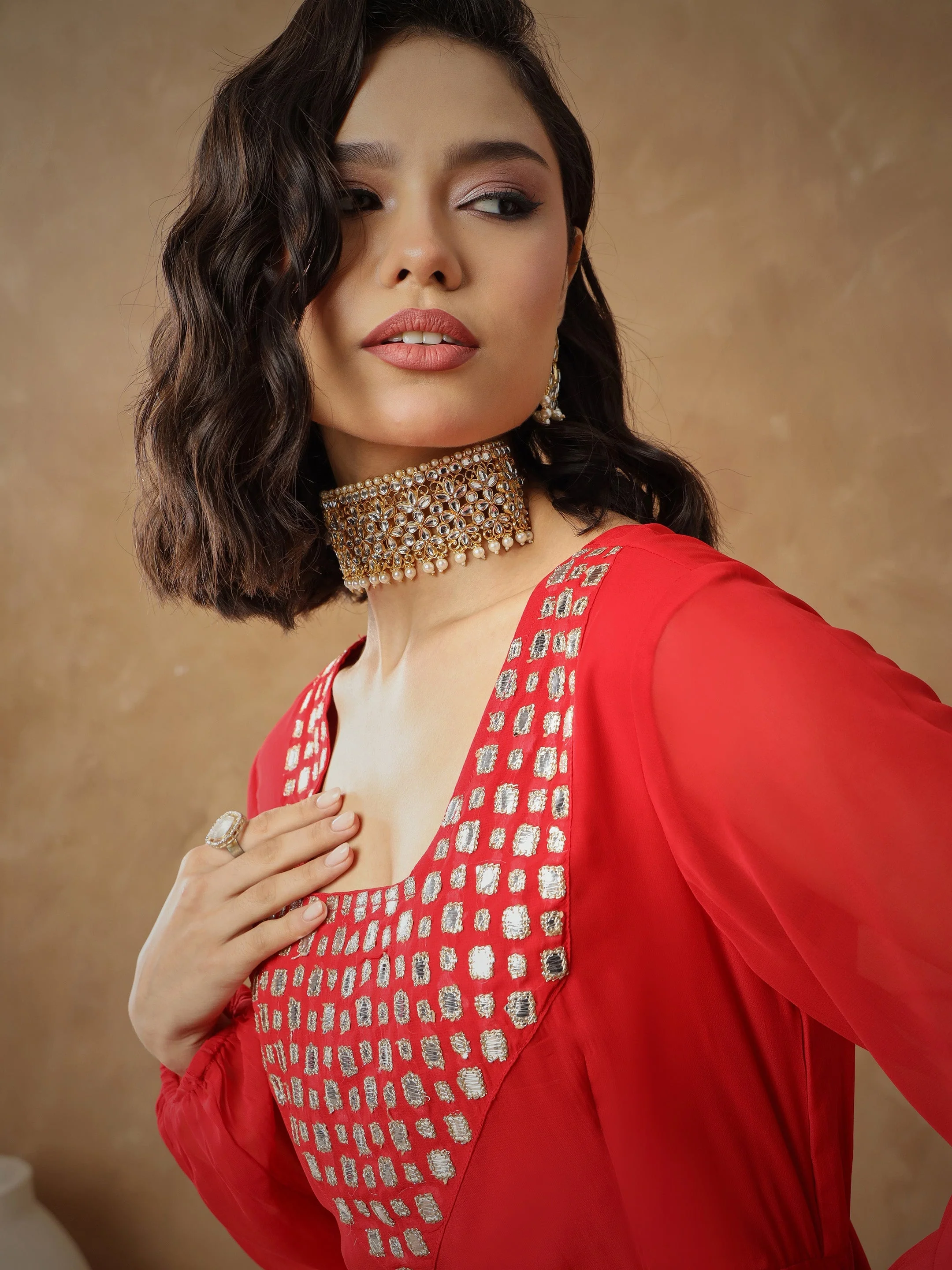 Women Red Embroidered Square Neck Top With Drape Skirt - Image 4