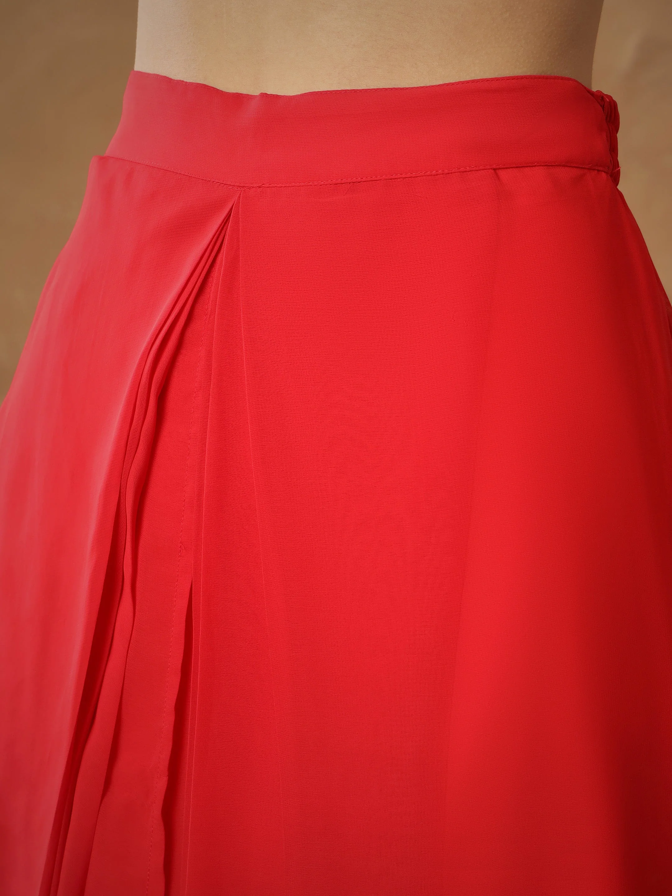 Women Red Embroidered Square Neck Top With Drape Skirt - Image 5