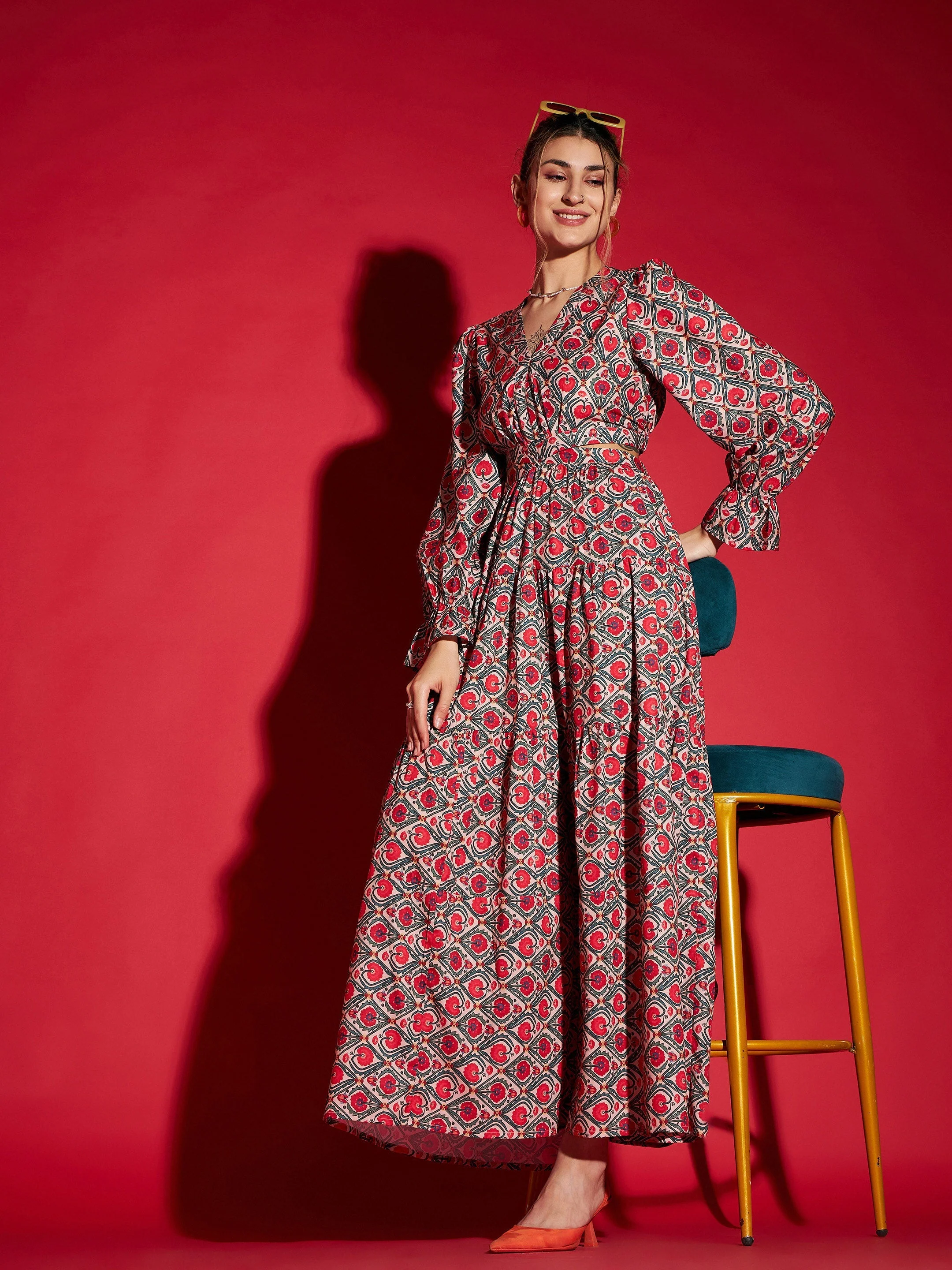 Women Red Ethnic Motif Waist Cut-Out Maxi Dress - Image 2