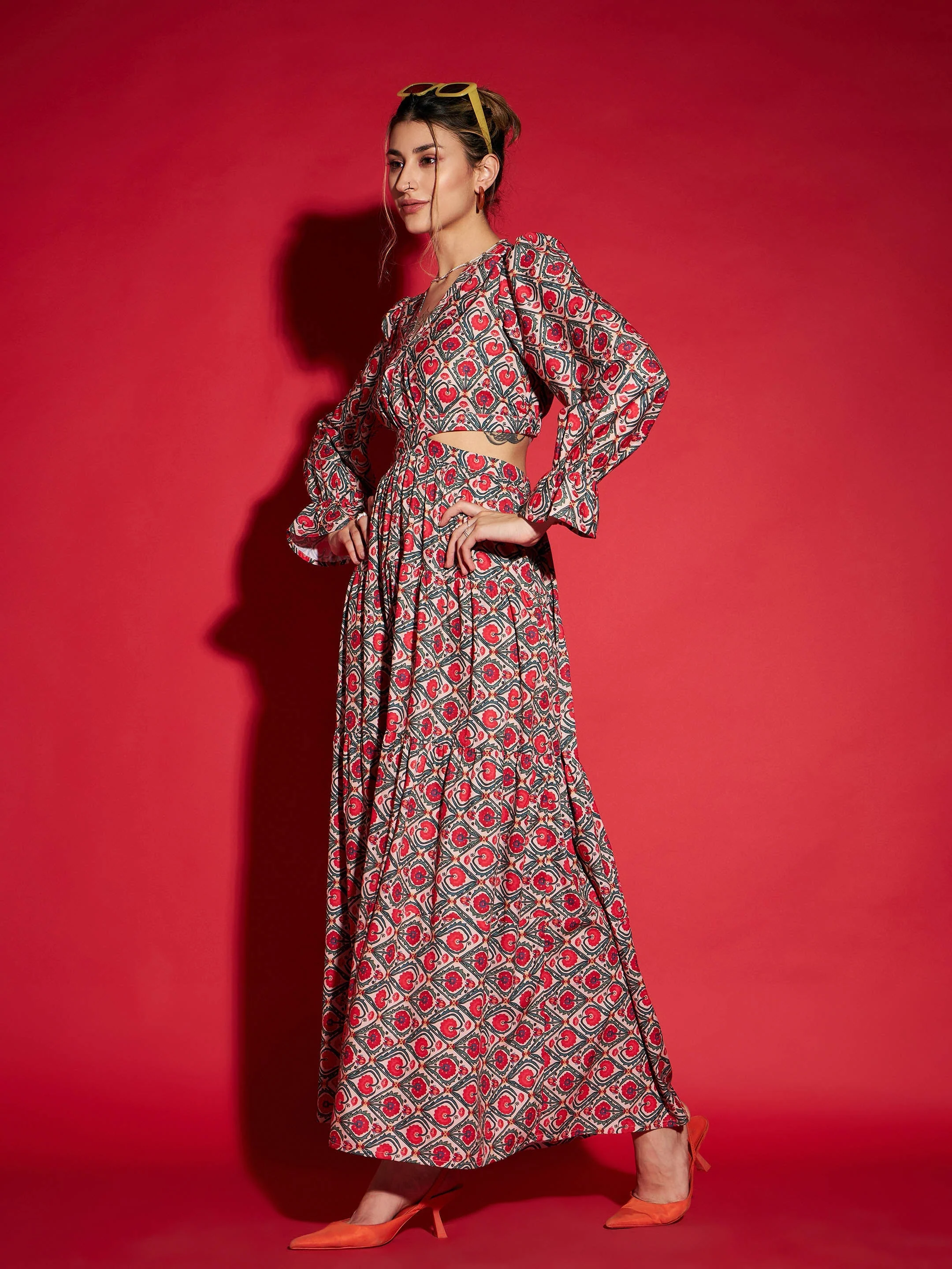 Women Red Ethnic Motif Waist Cut-Out Maxi Dress - Image 3