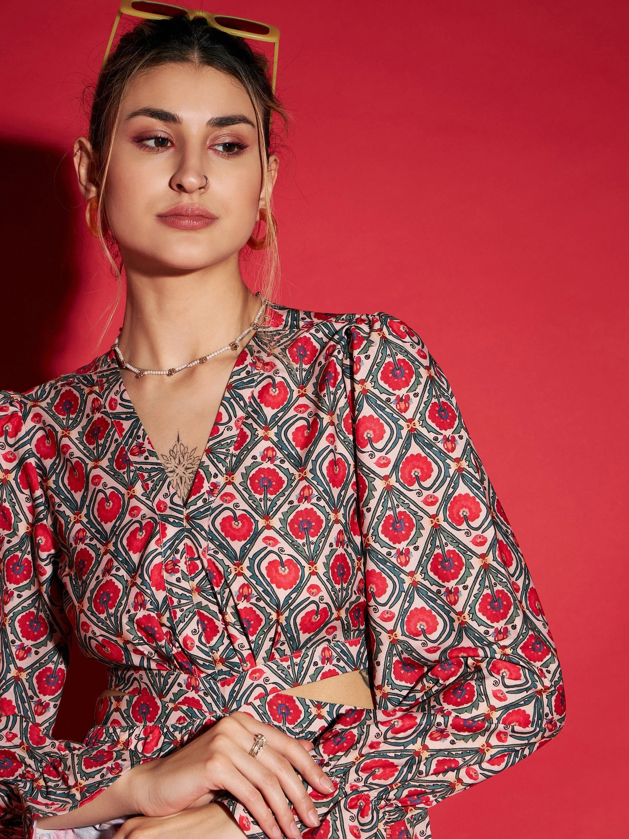Women Red Ethnic Motif Waist Cut-Out Maxi Dress - Image 4