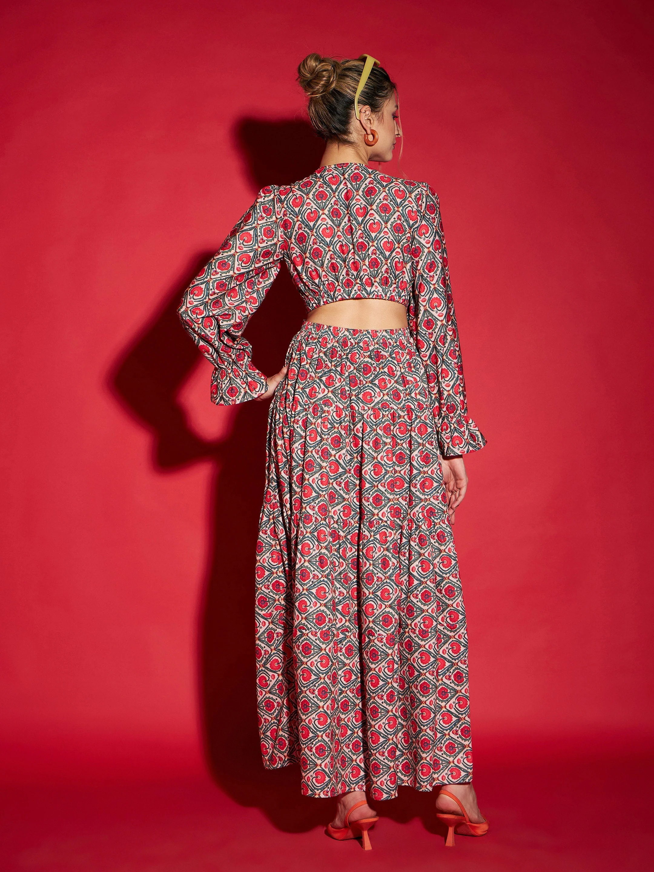 Women Red Ethnic Motif Waist Cut-Out Maxi Dress - Image 5