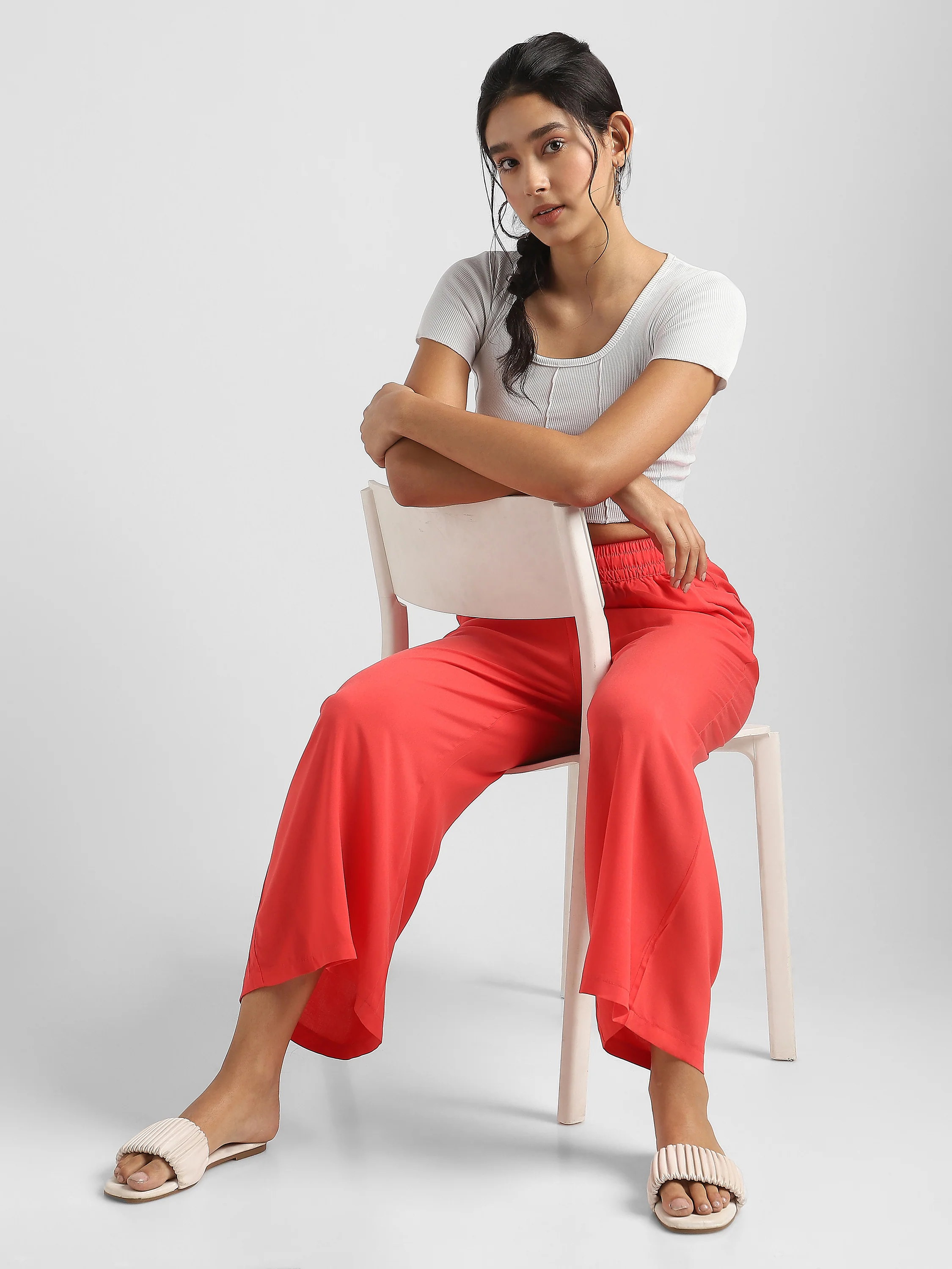 Women Red Flowy Wide-Leg Pants with Drawstring - Image 3