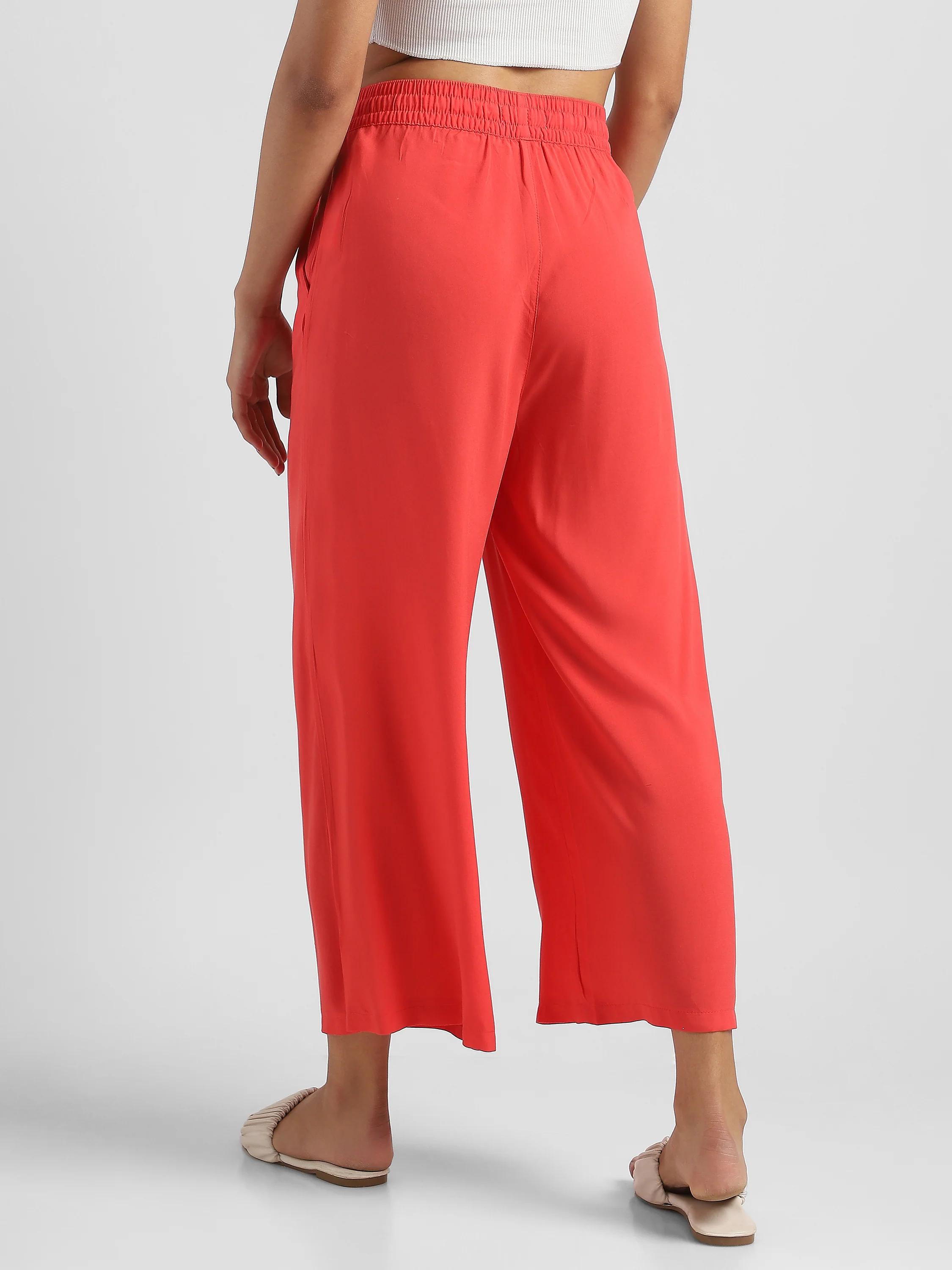 Women Red Flowy Wide-Leg Pants with Drawstring - Image 4
