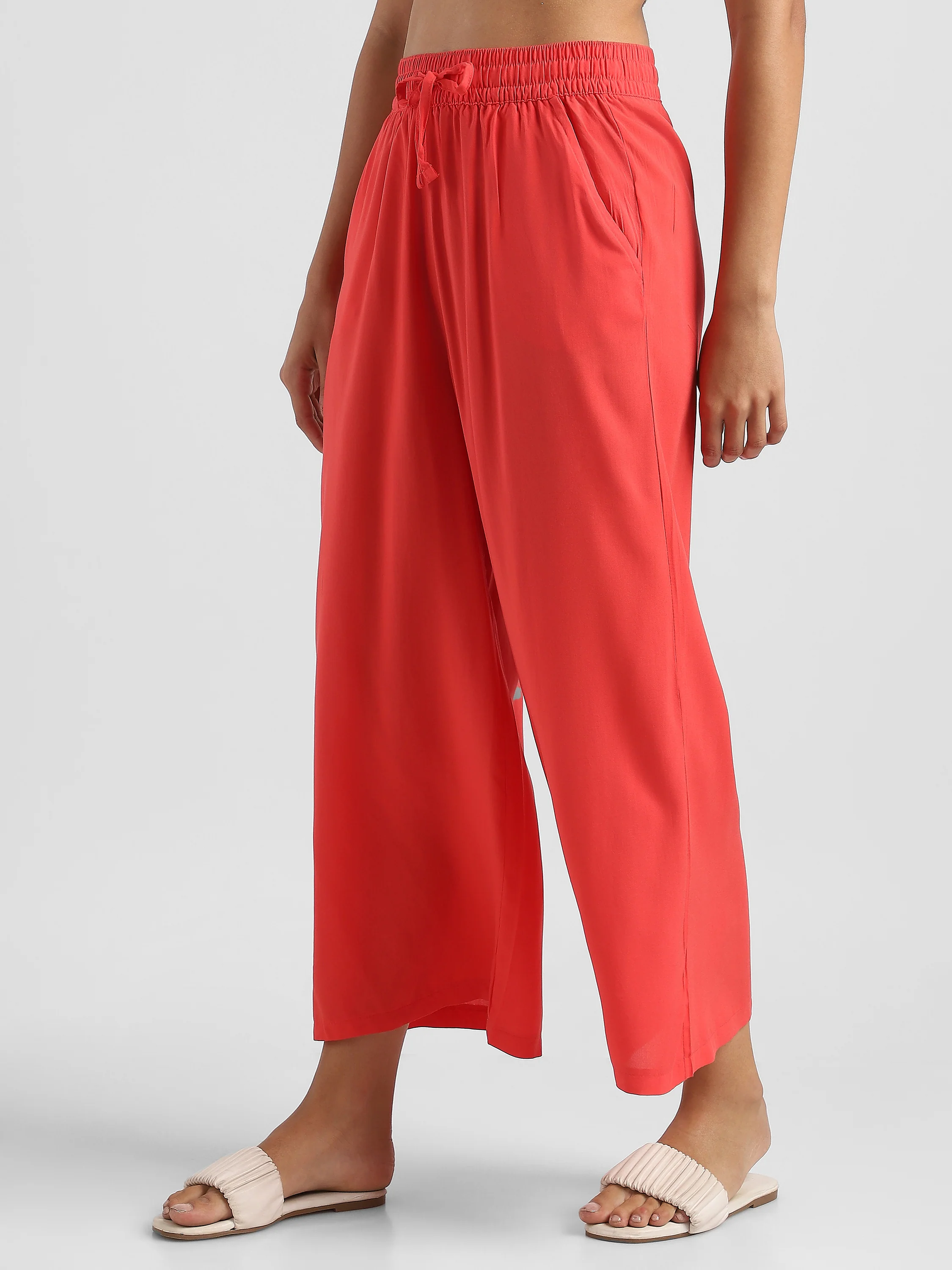 Women Red Flowy Wide-Leg Pants with Drawstring - Image 5