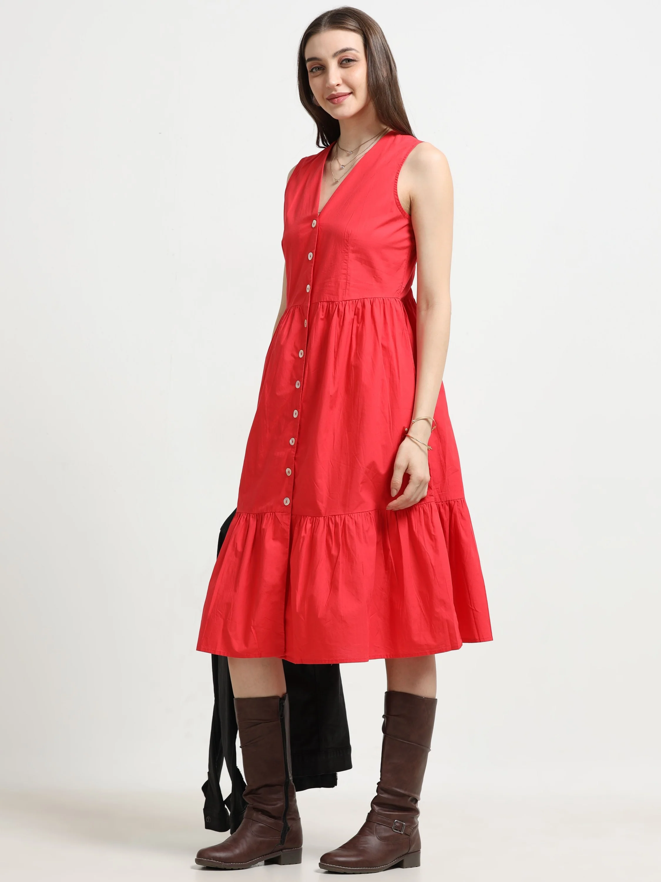 Women Red Fit & Flared Dress - Image 2