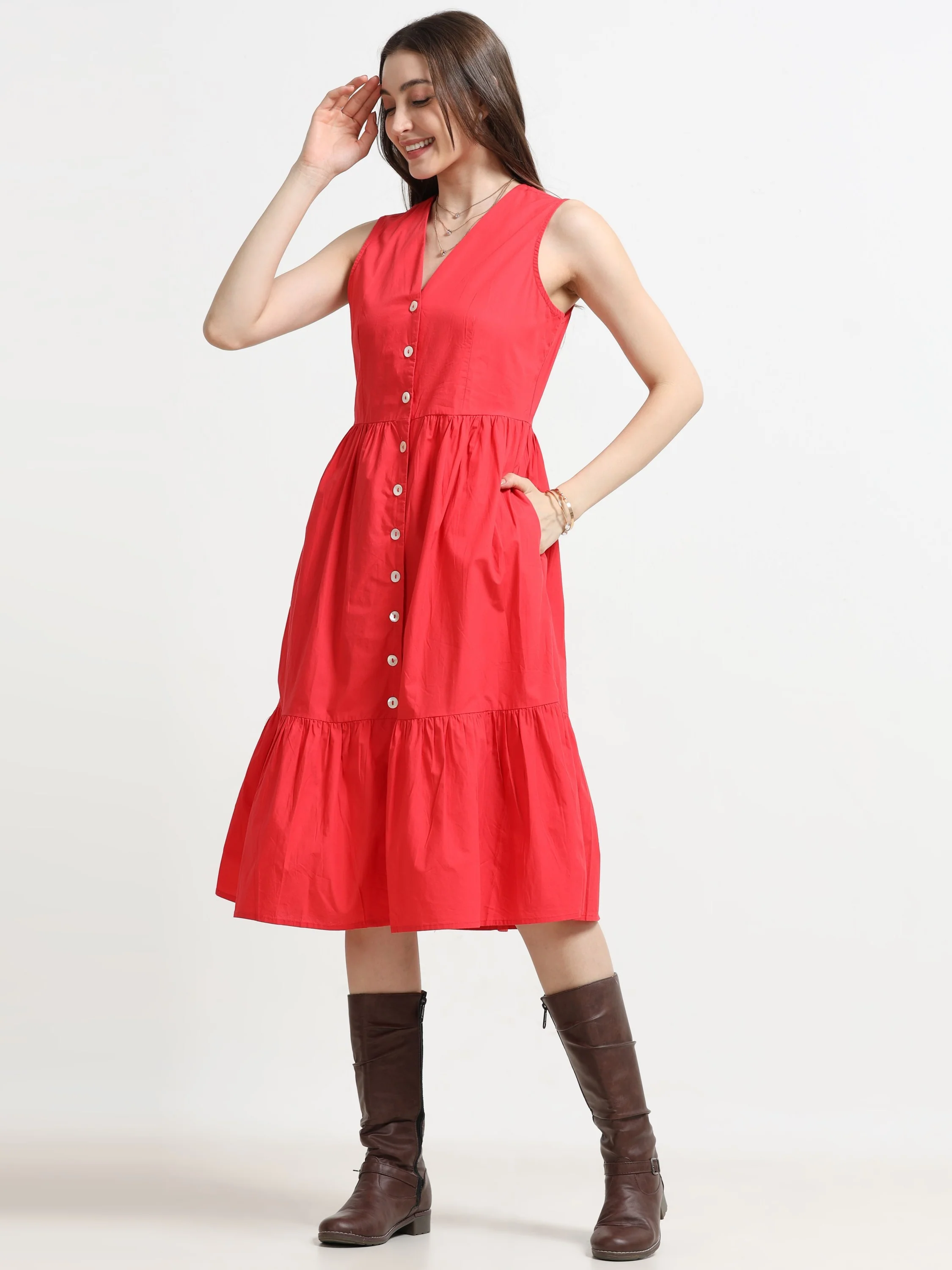 Women Red Fit & Flared Dress - Image 5