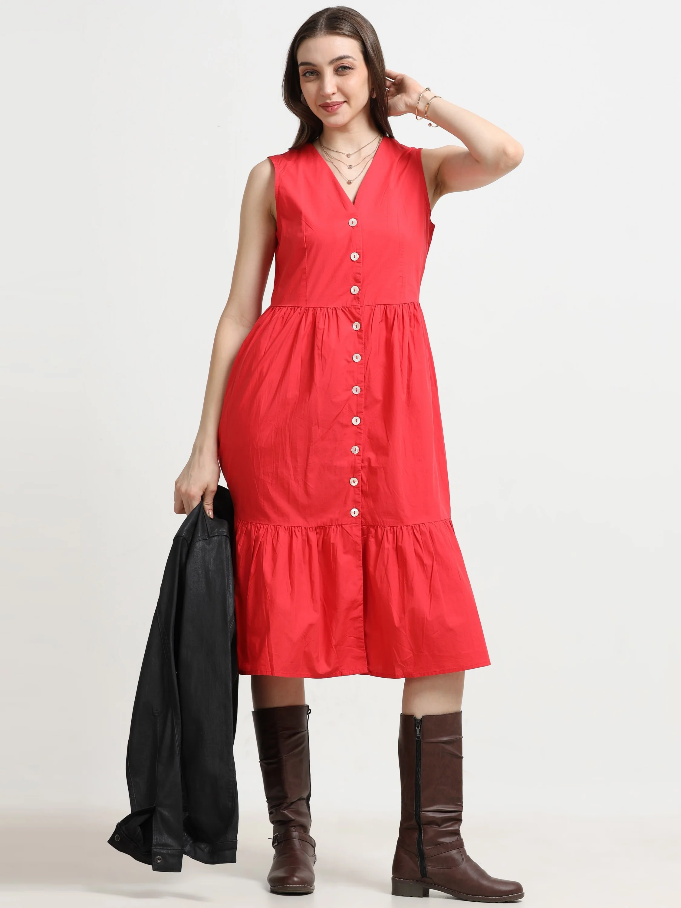 Women Red Fit & Flared Dress - Image 6