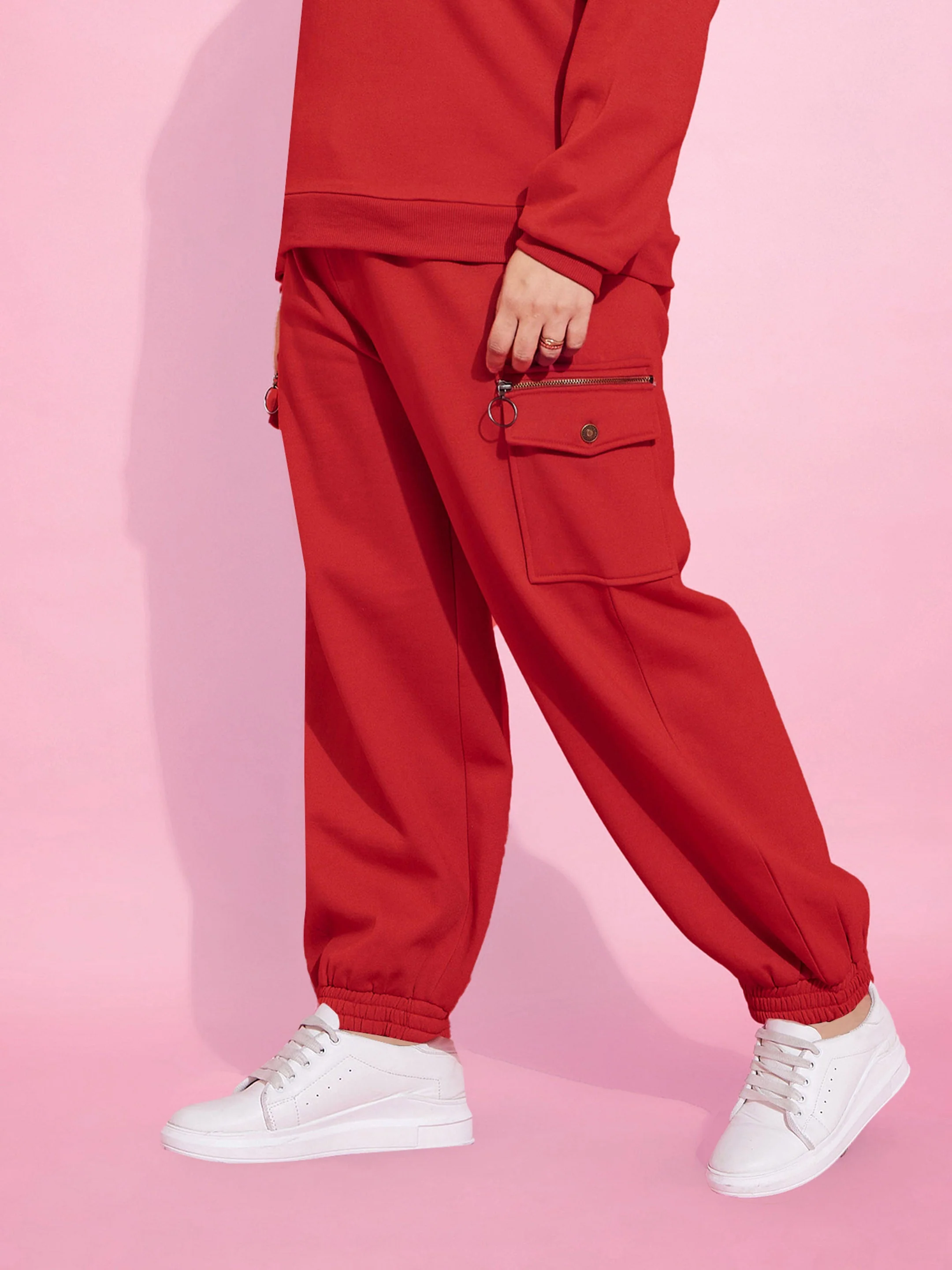 Women Red Fleece Cargo Zipper Joggers - Image 3