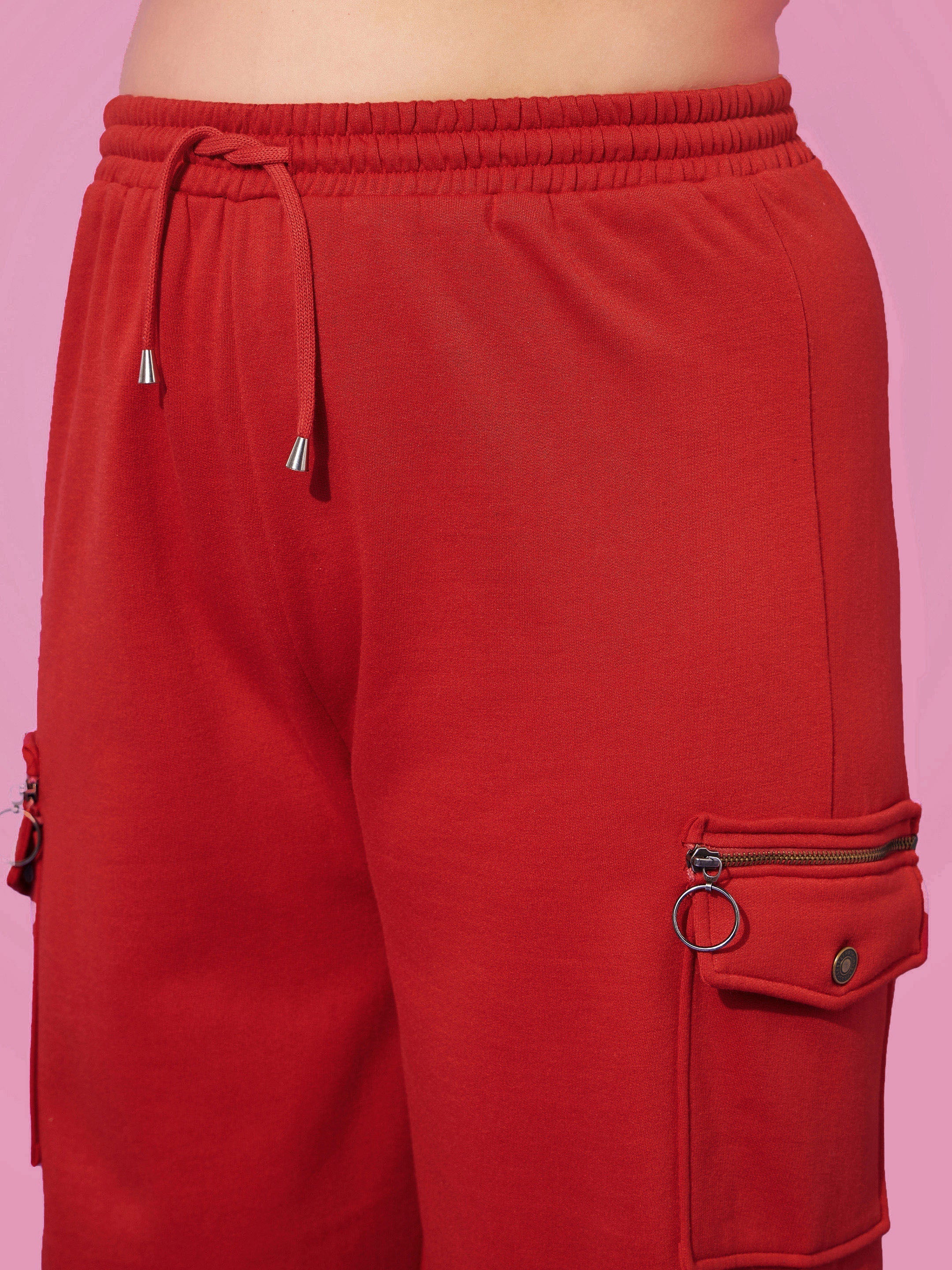 Women Red Fleece Cargo Zipper Joggers - Image 4