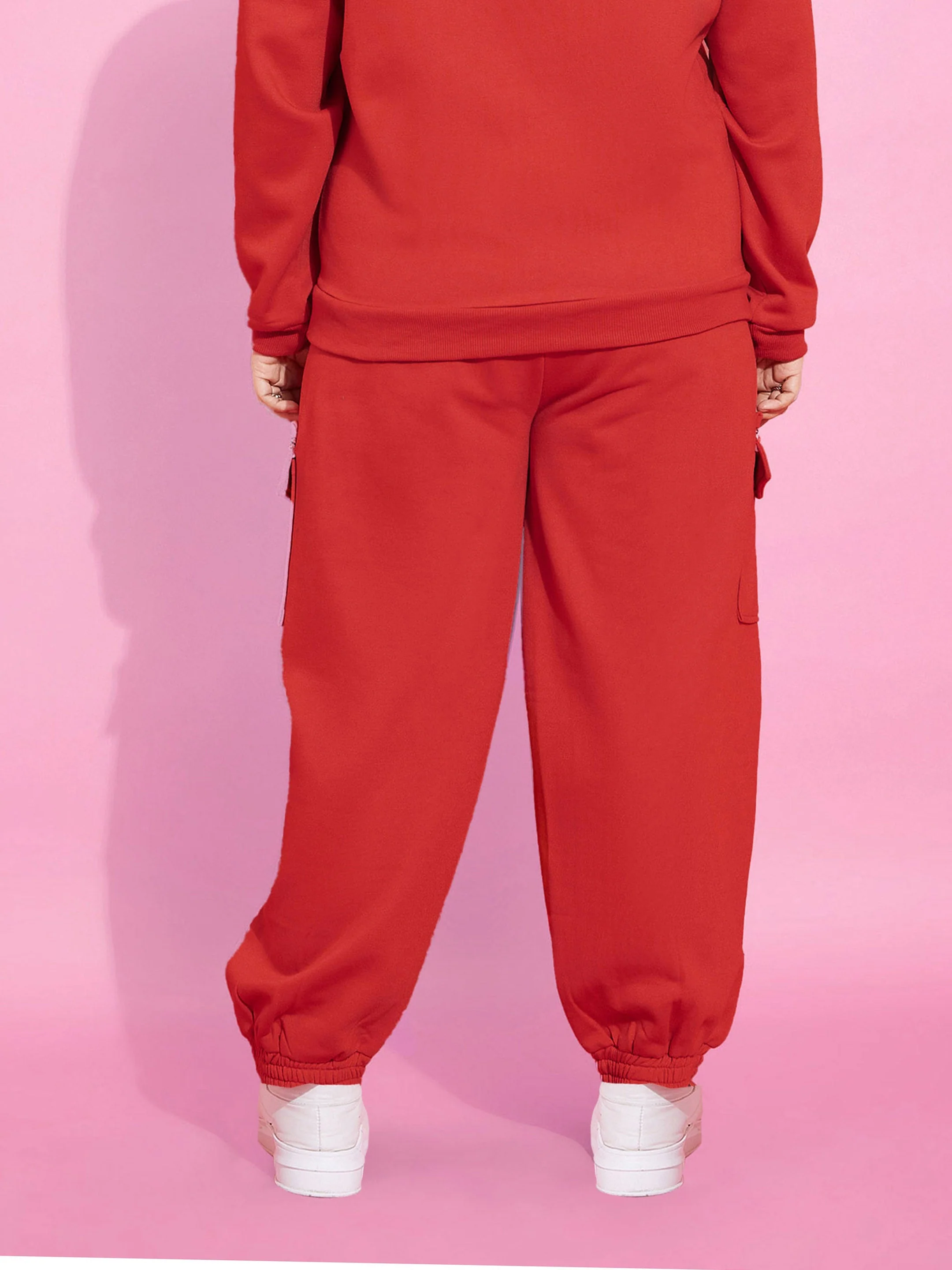 Women Red Fleece Cargo Zipper Joggers - Image 5
