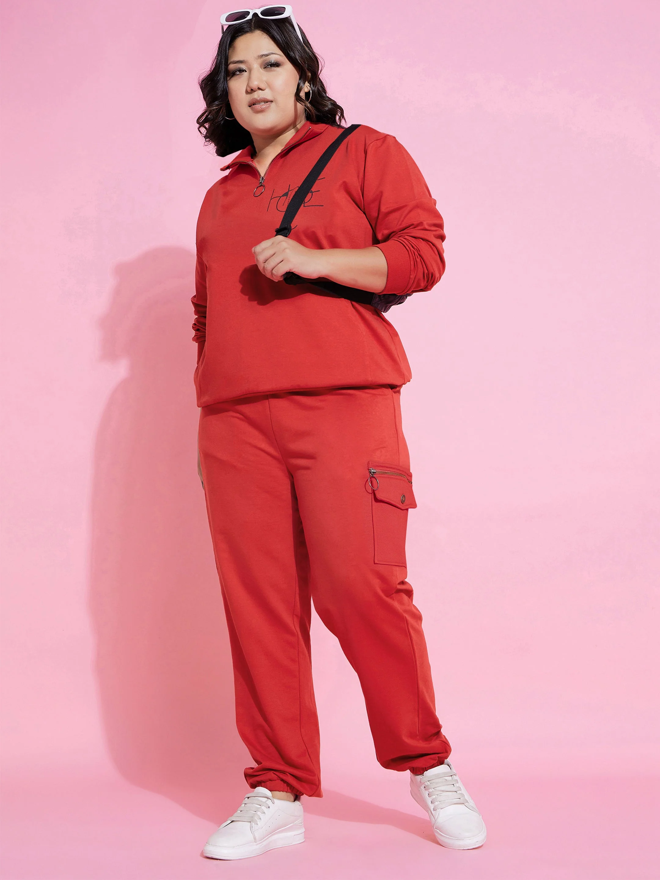 Women Red Fleece  Zipper Sweatshirt - Image 2
