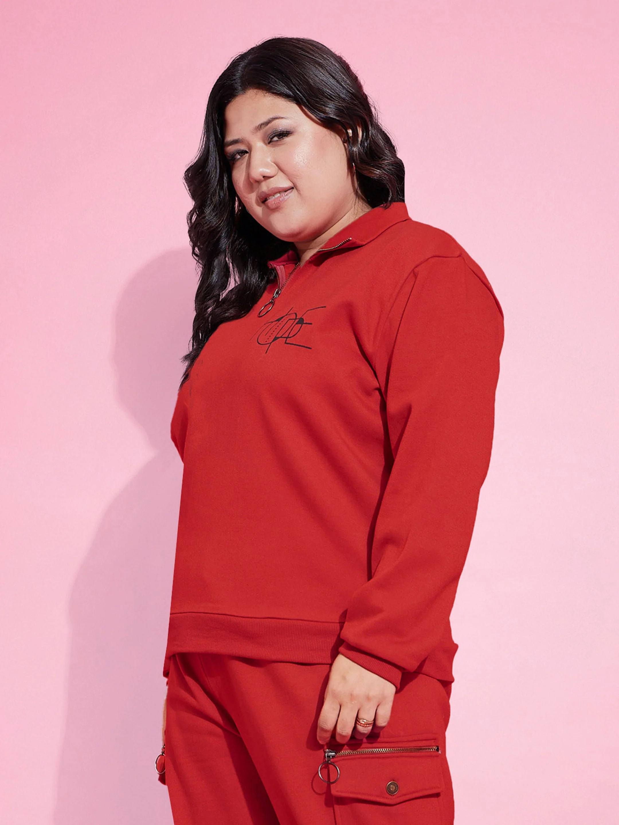 Women Red Fleece  Zipper Sweatshirt - Image 3