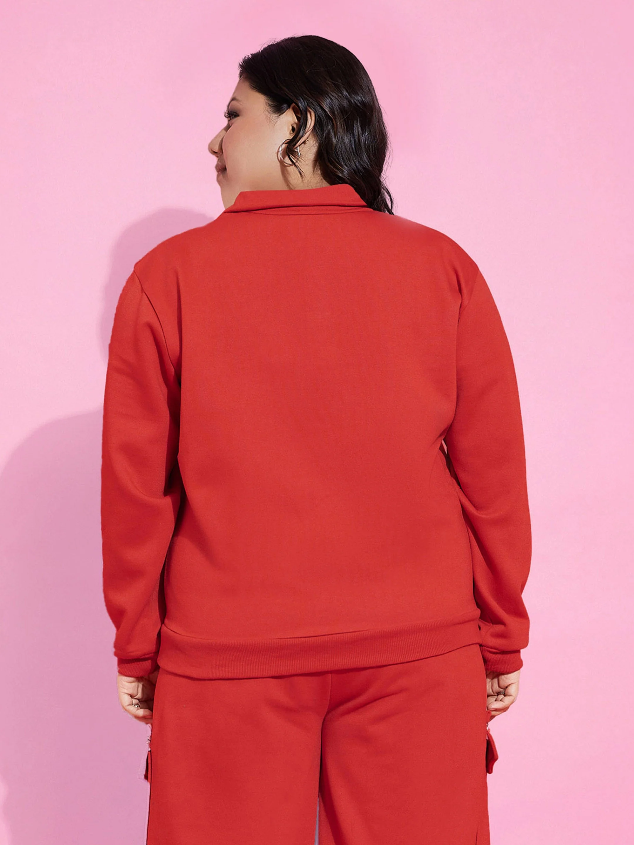 Women Red Fleece  Zipper Sweatshirt - Image 5