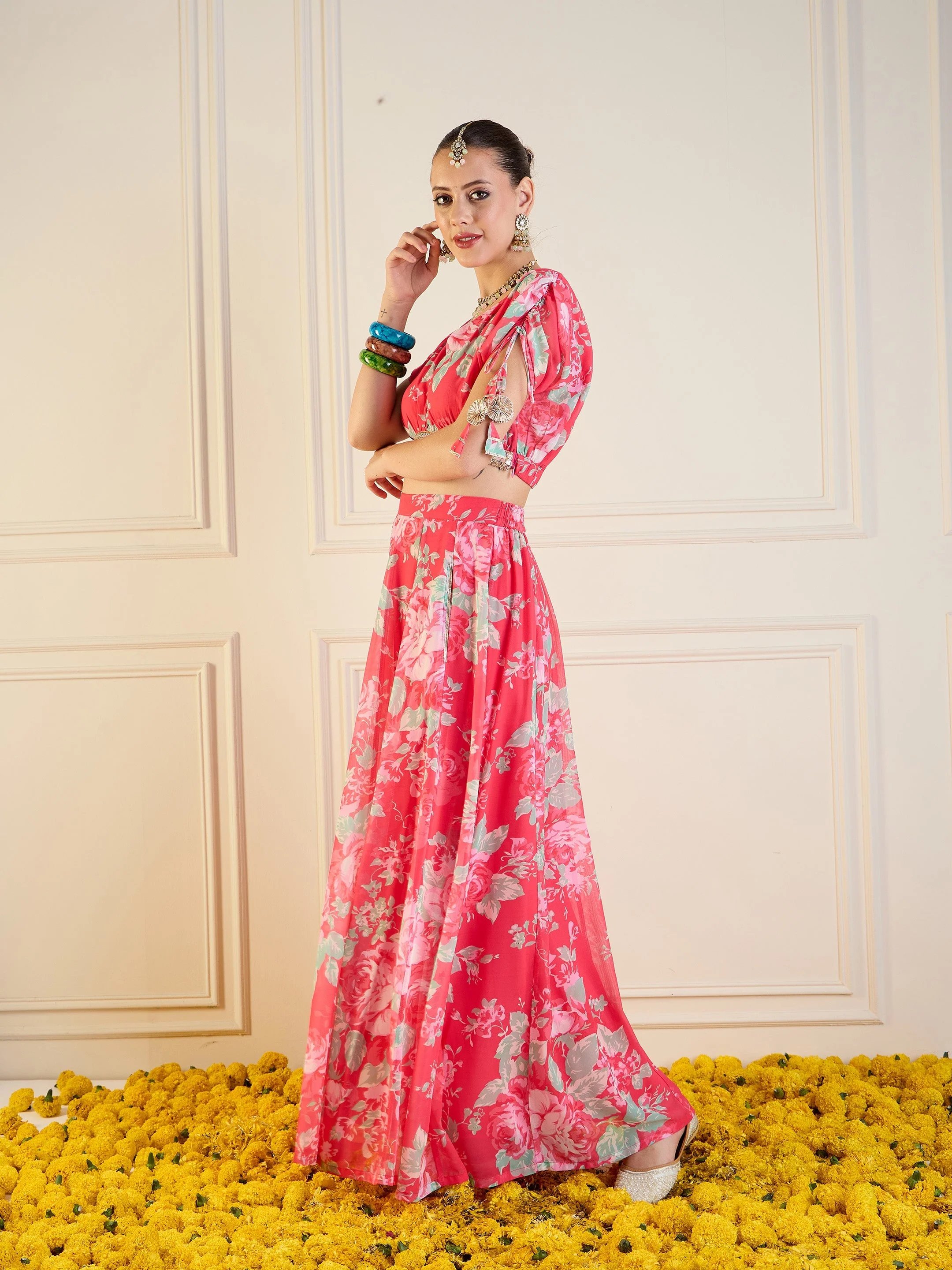 Women Red Floral Anarkali Skirt With Crop Top - Image 3