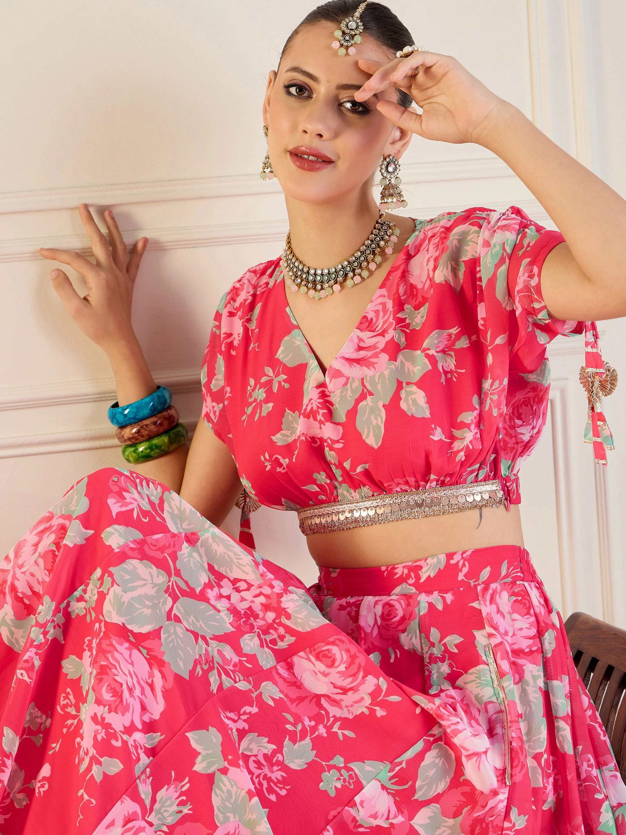 Women Red Floral Anarkali Skirt With Crop Top - Image 4