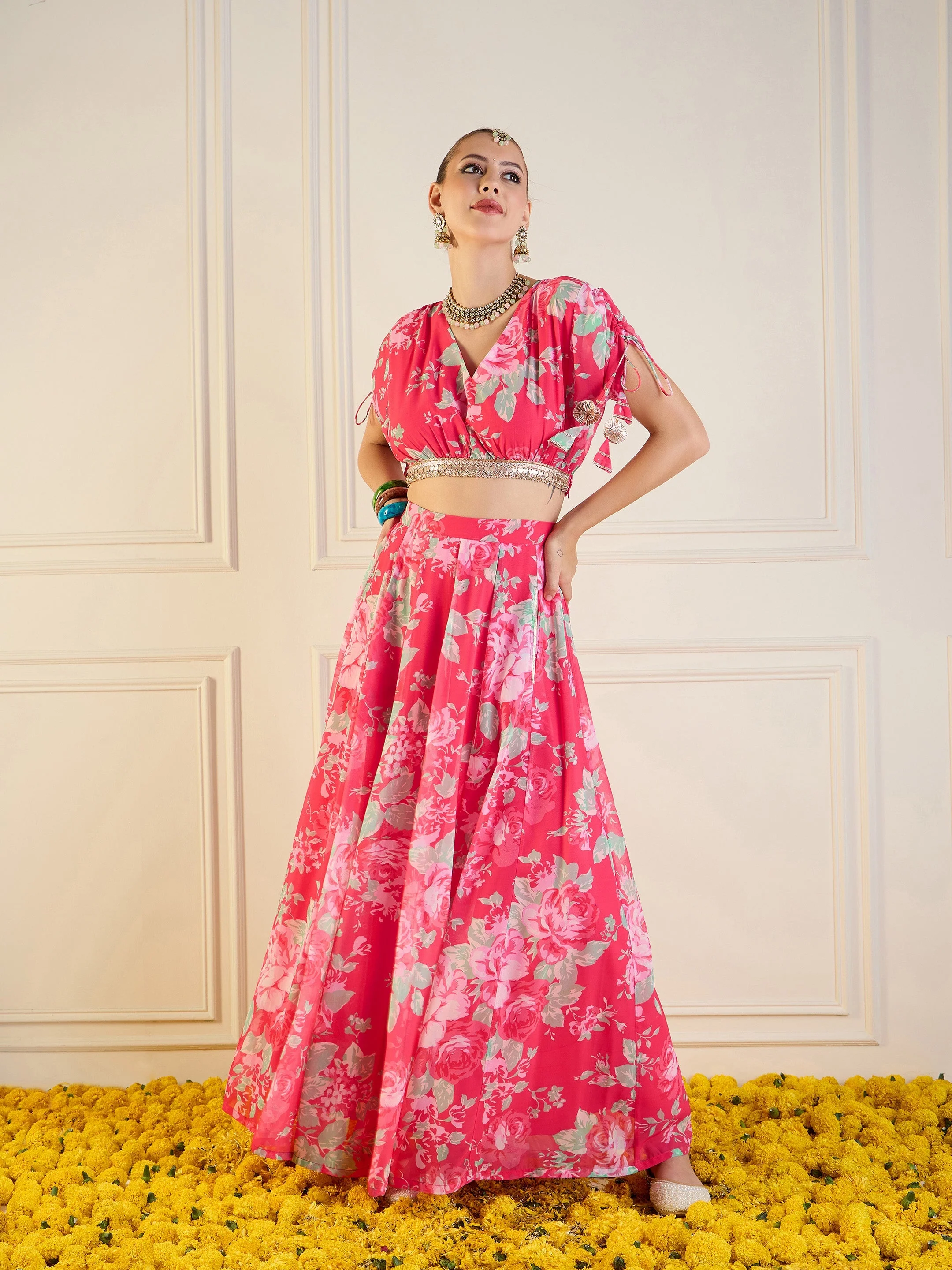 Women Red Floral Anarkali Skirt With Crop Top - Image 5