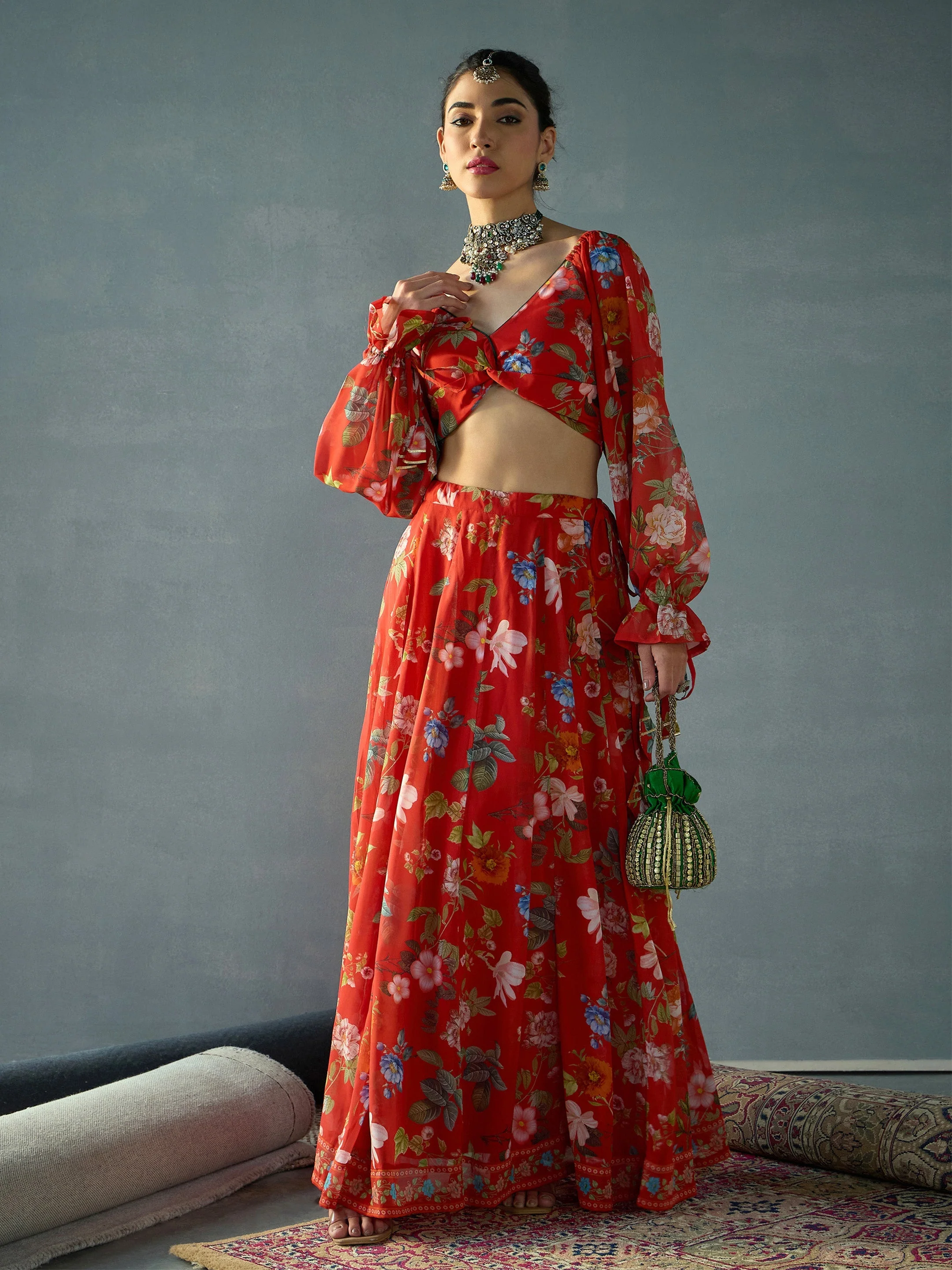 Women Red Floral Back Smocking Crop Top With Anarkali Skirt - Image 2