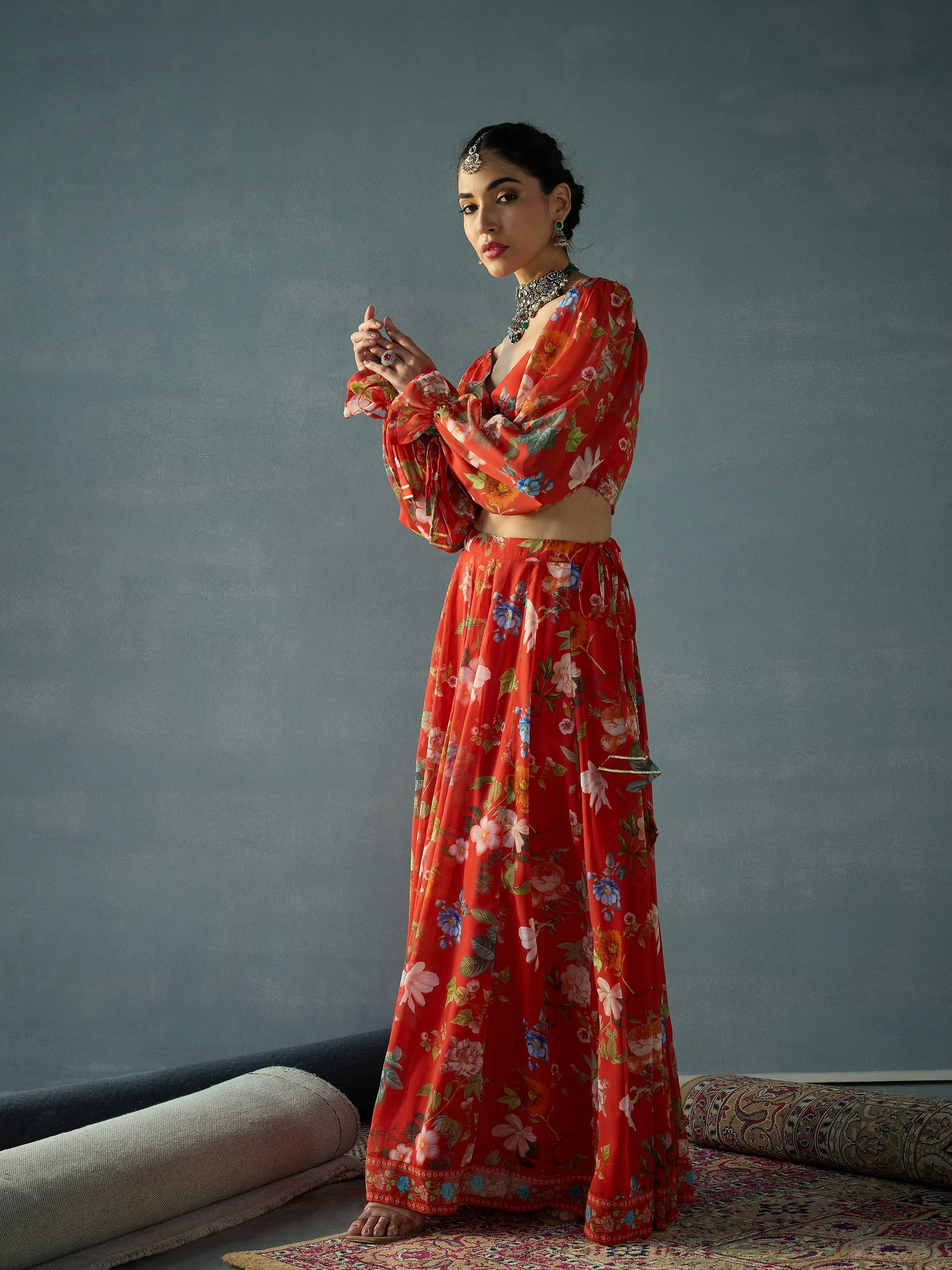 Women Red Floral Back Smocking Crop Top With Anarkali Skirt - Image 3