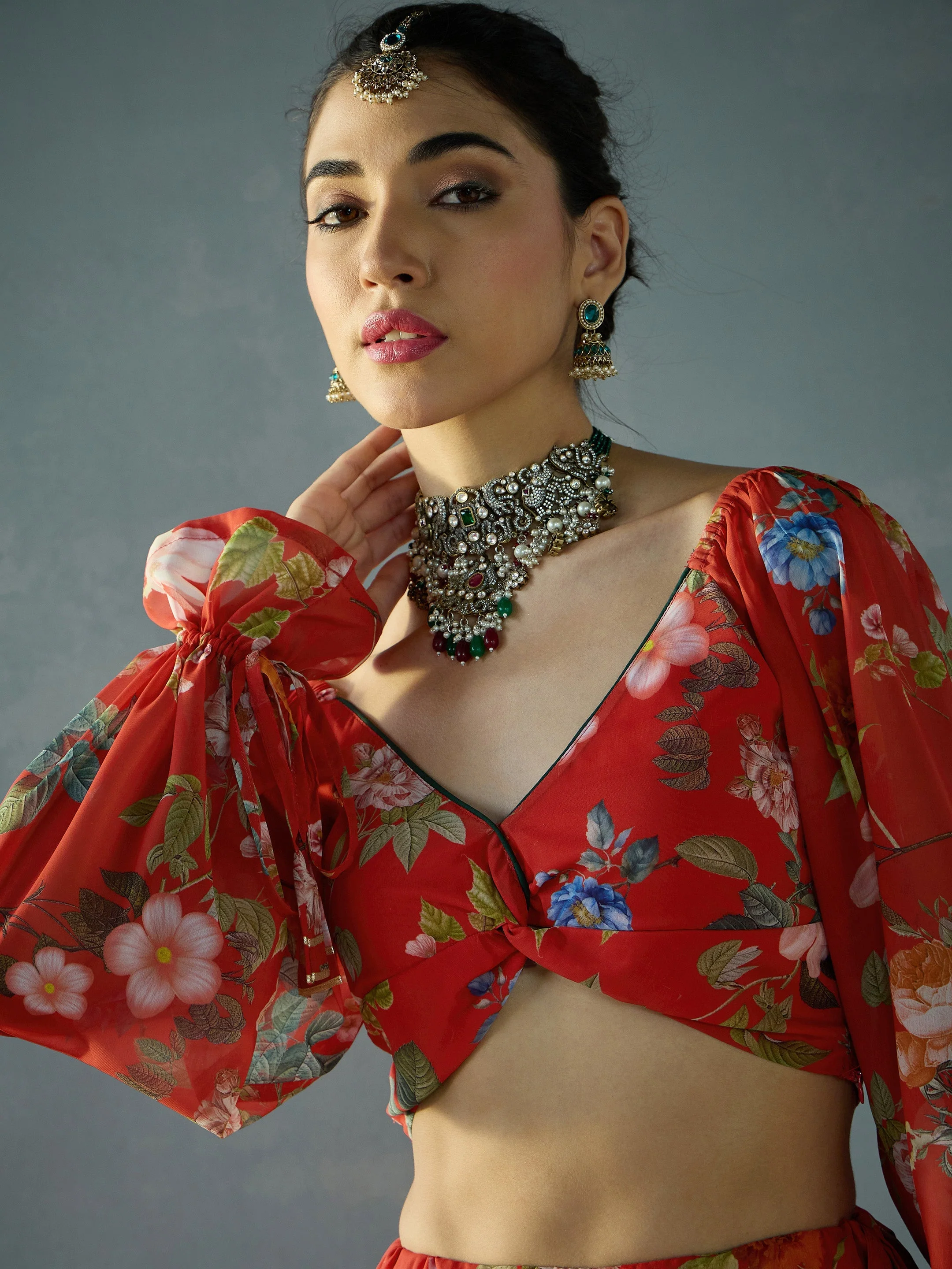 Women Red Floral Back Smocking Crop Top With Anarkali Skirt - Image 4