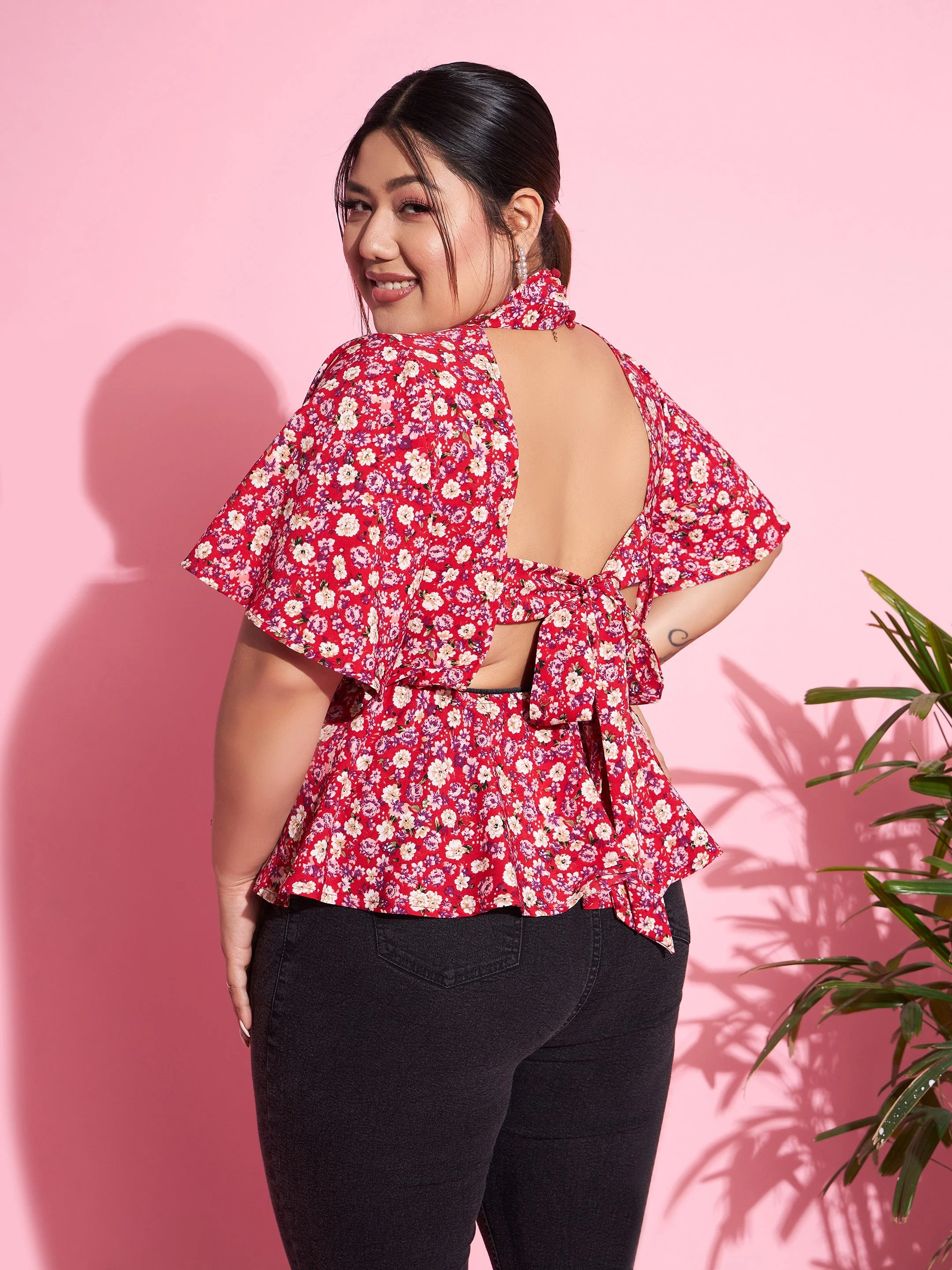 Women Red Floral Back Tie-Up Top - Image 3