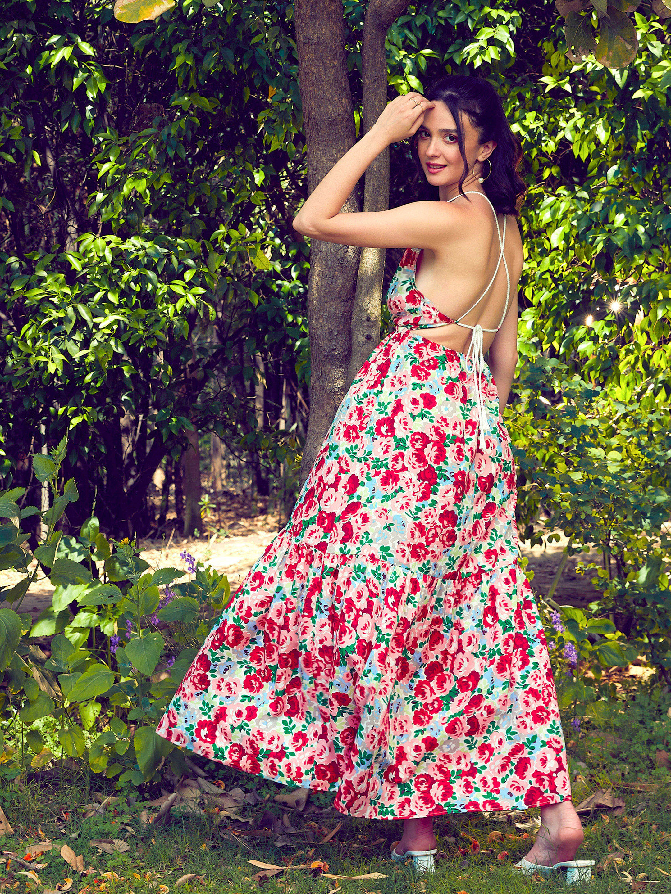 Women Red Floral Backless Maxi Dress - Image 2