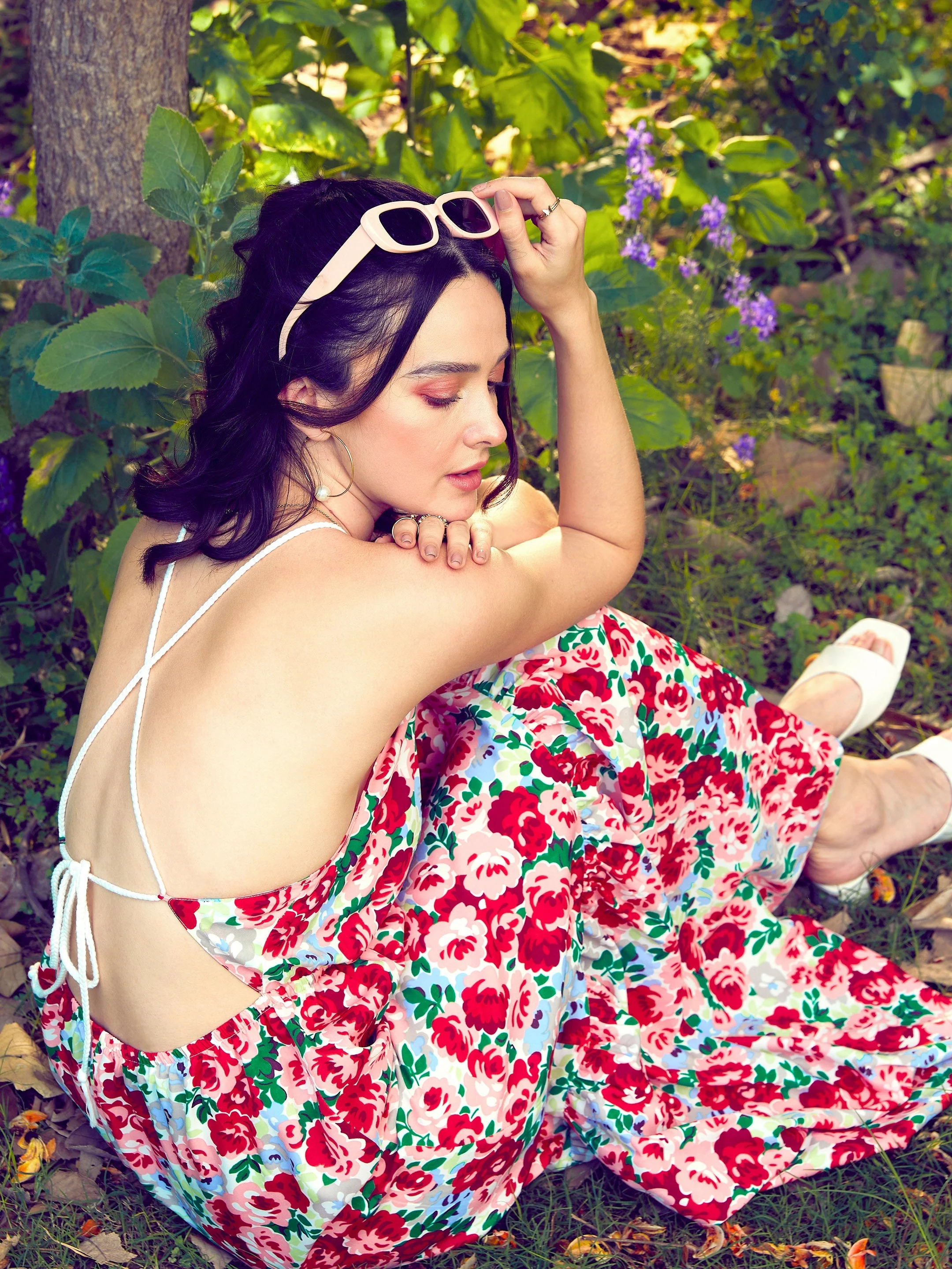 Women Red Floral Backless Maxi Dress - Image 3