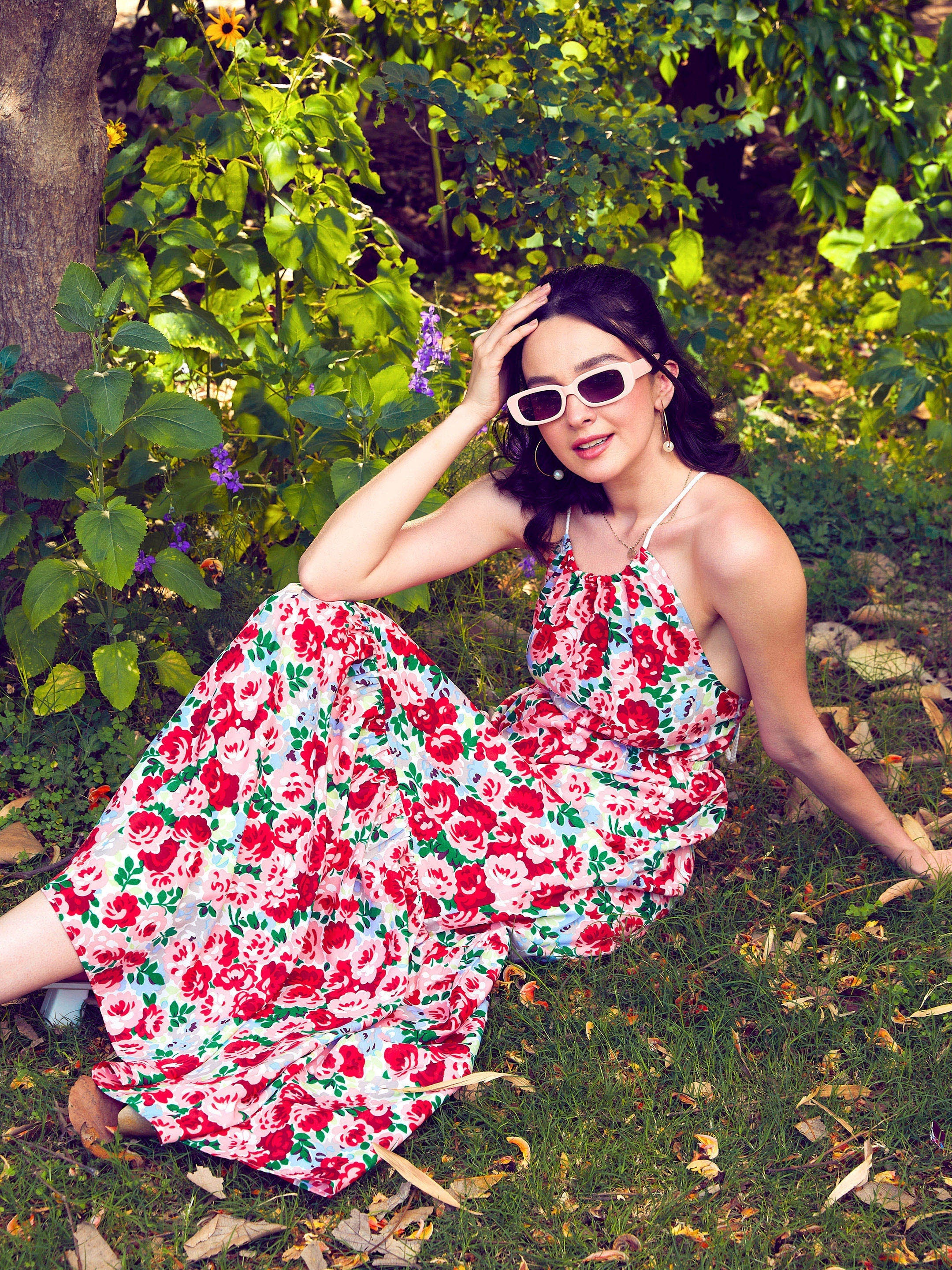 Women Red Floral Backless Maxi Dress - Image 6