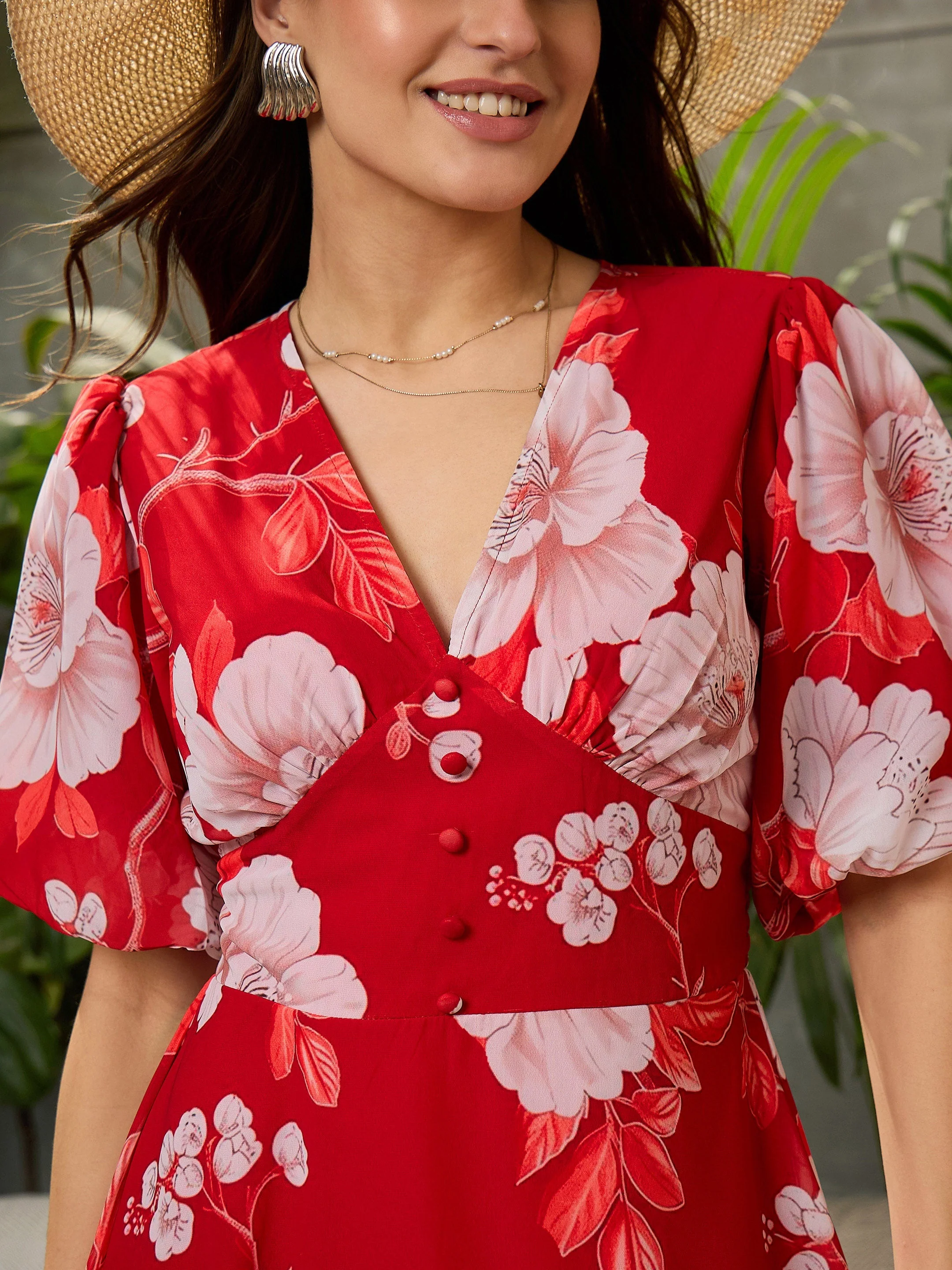 Women Red Floral Balloon Sleeve Short Dress - Image 4