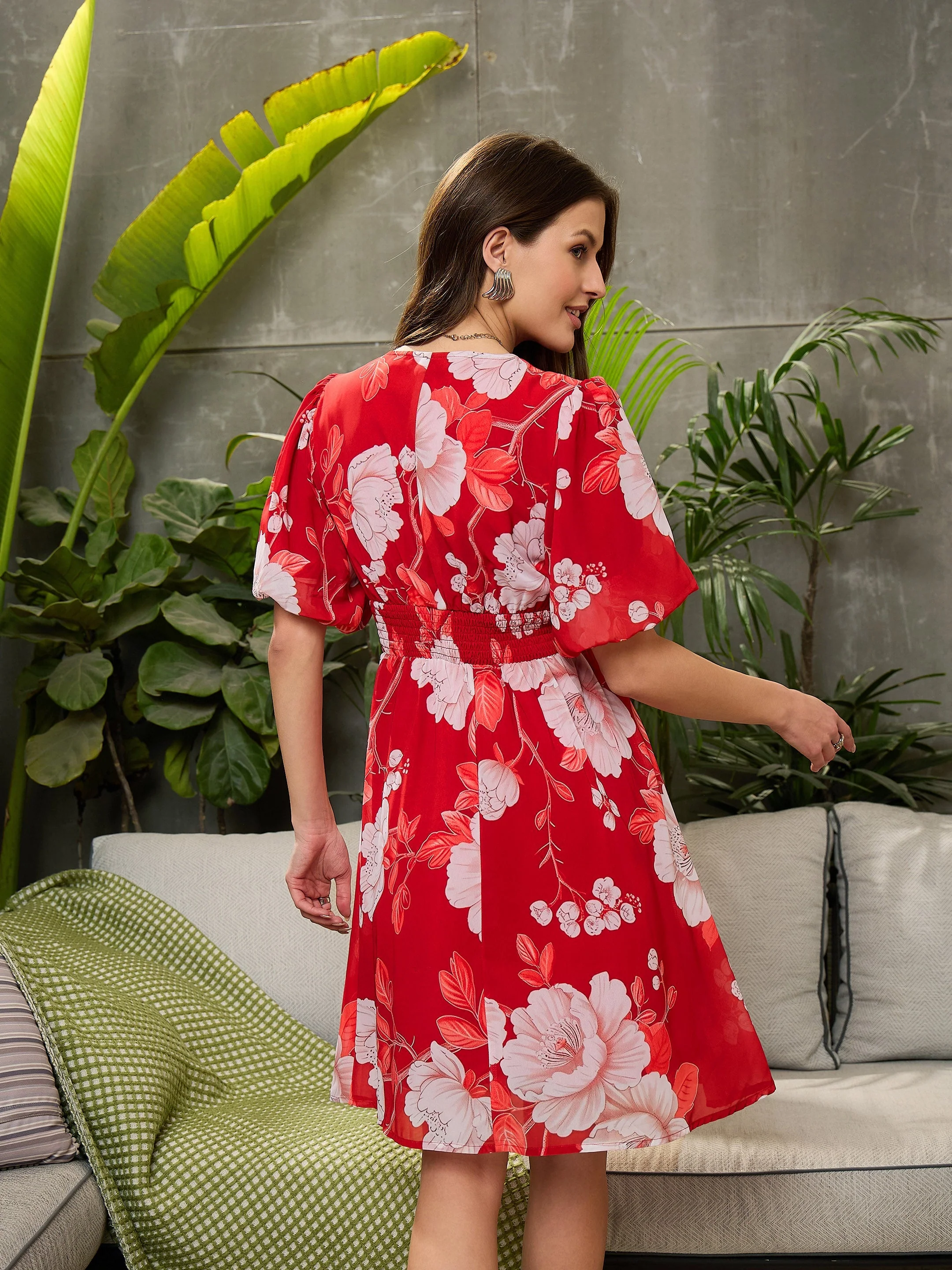 Women Red Floral Balloon Sleeve Short Dress - Image 5