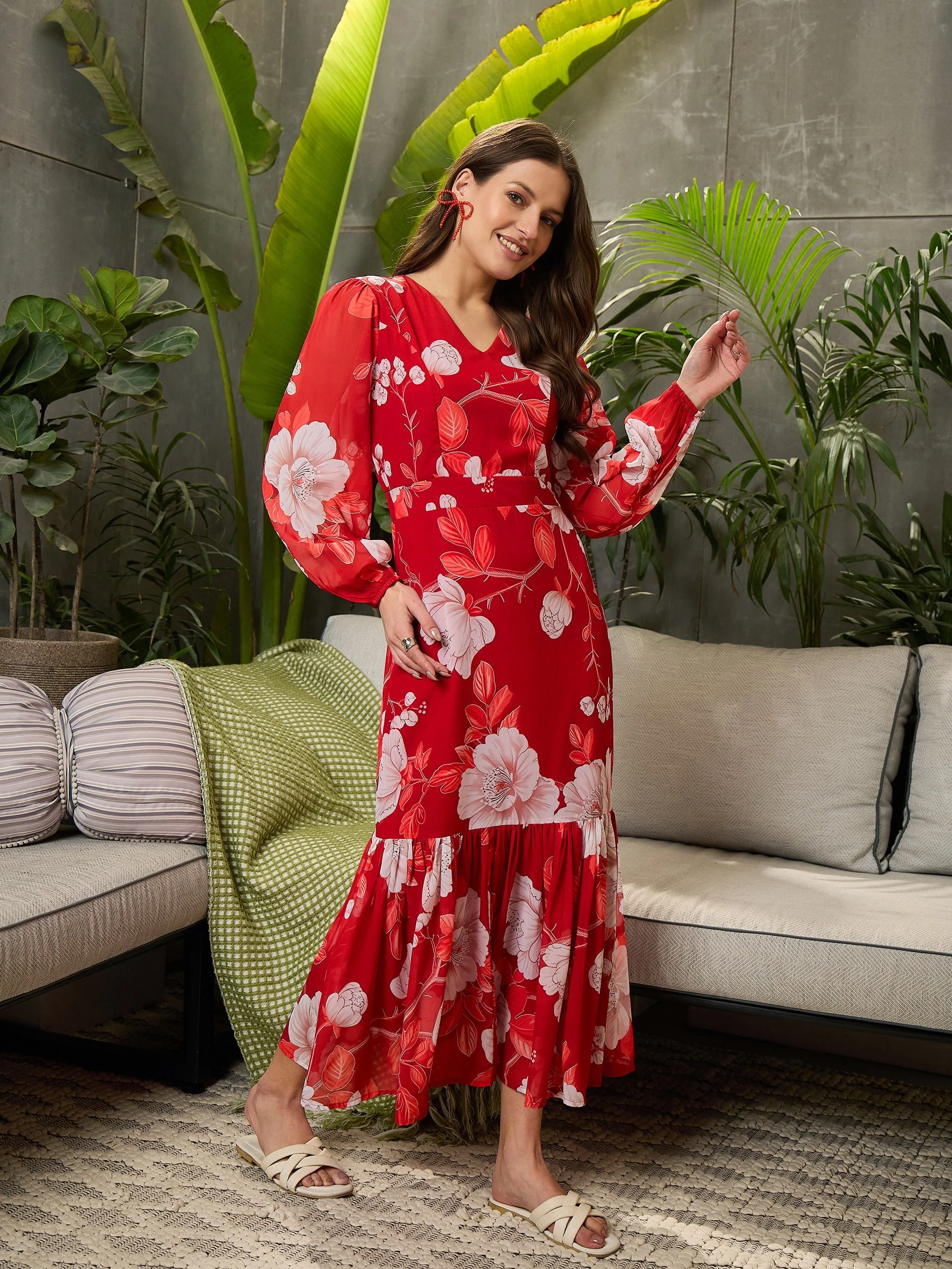 Women Red Floral Baloon Sleeve Midi Dress - Image 3