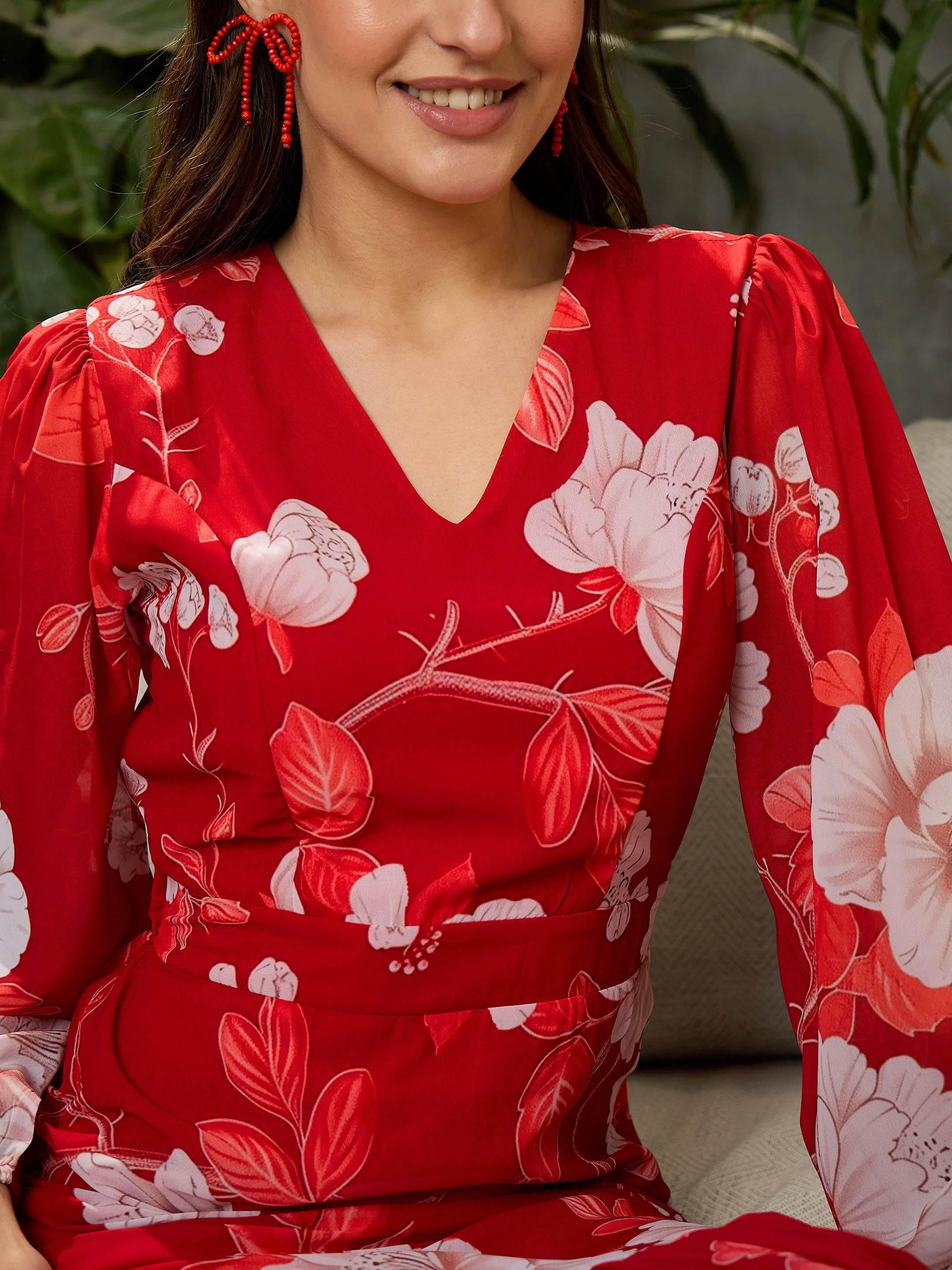 Women Red Floral Baloon Sleeve Midi Dress - Image 4