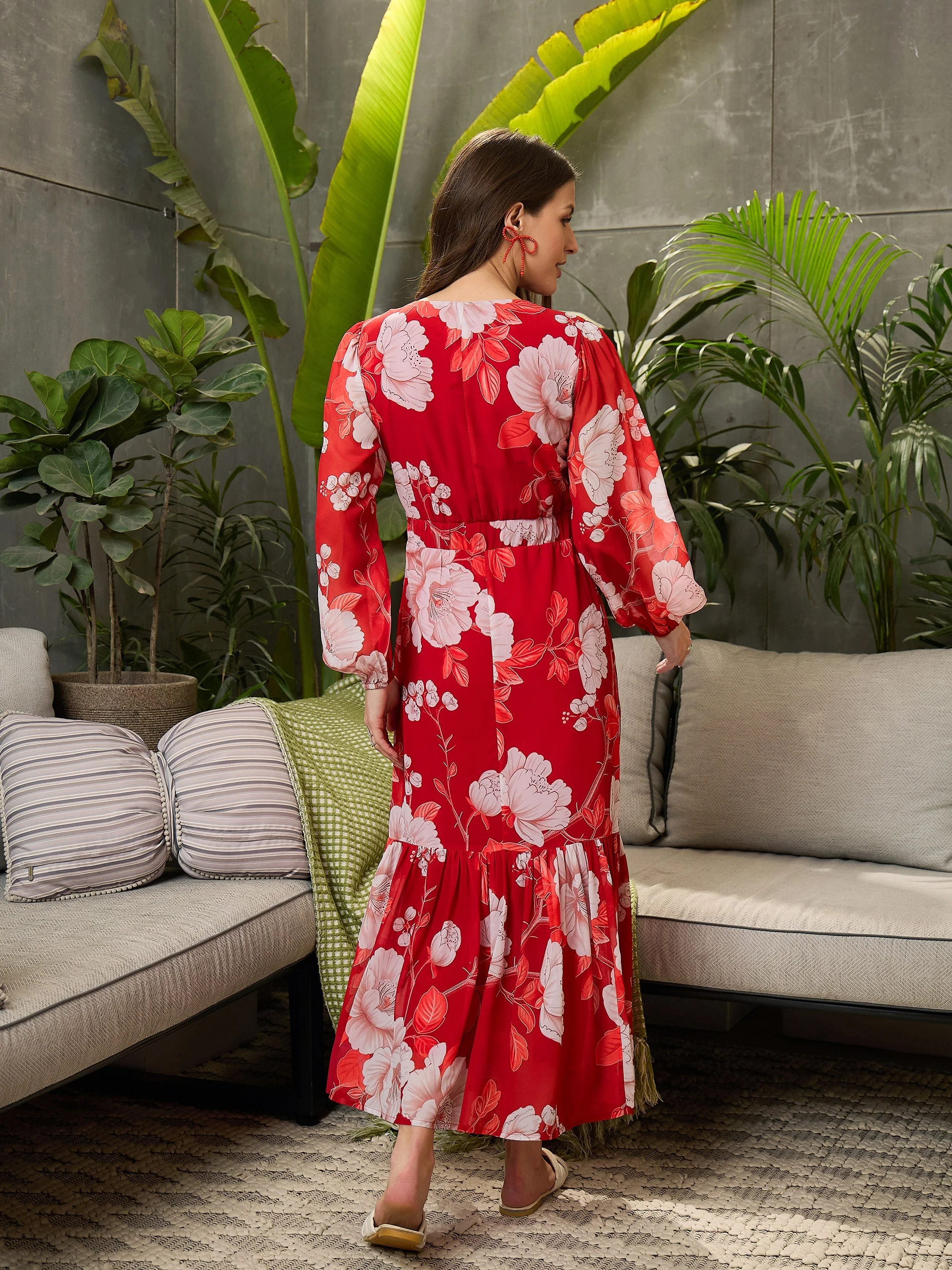 Women Red Floral Baloon Sleeve Midi Dress - Image 5