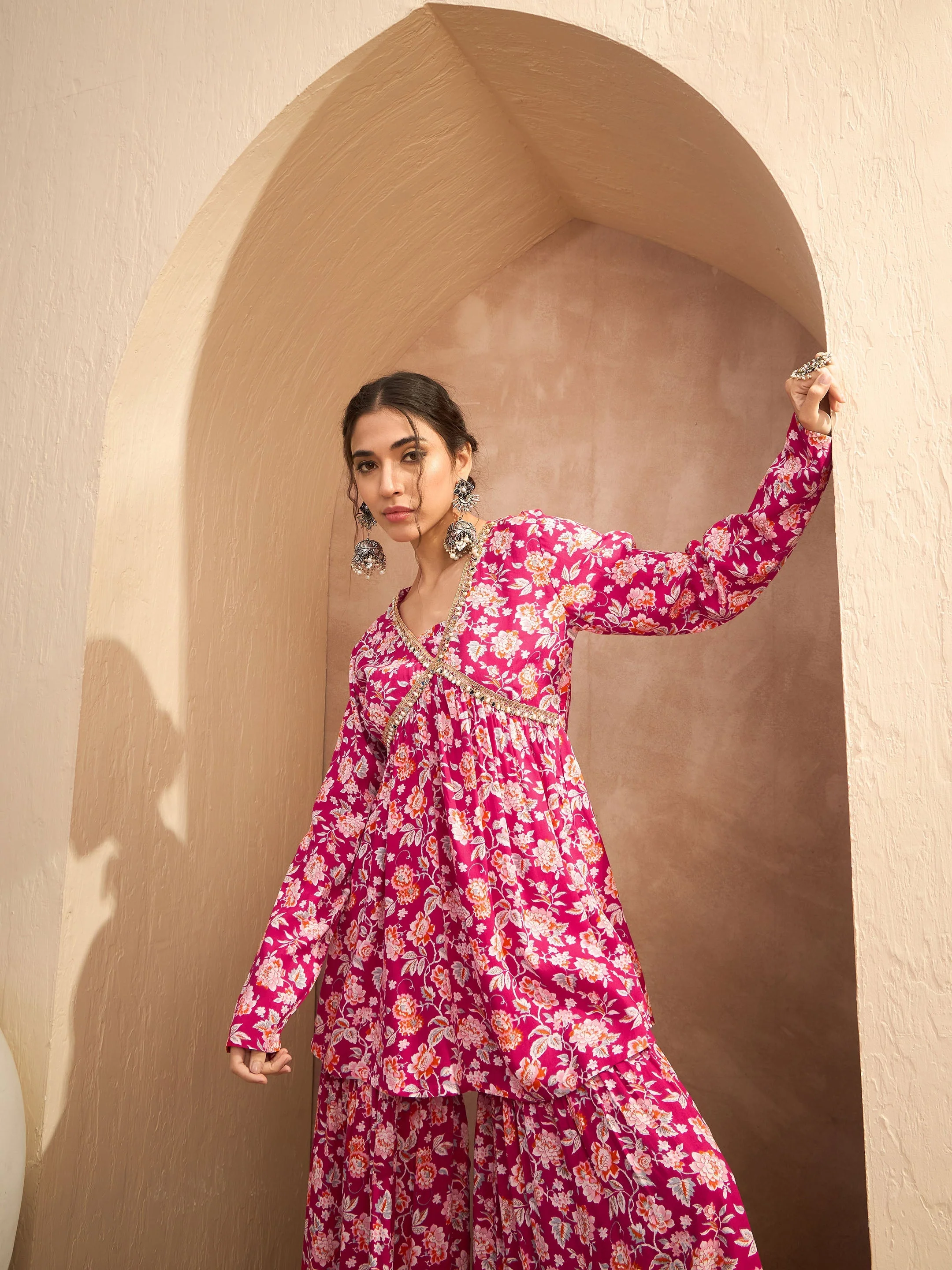 Women Red Floral Cambric Peplum Top With Sharara Pants - Image 2