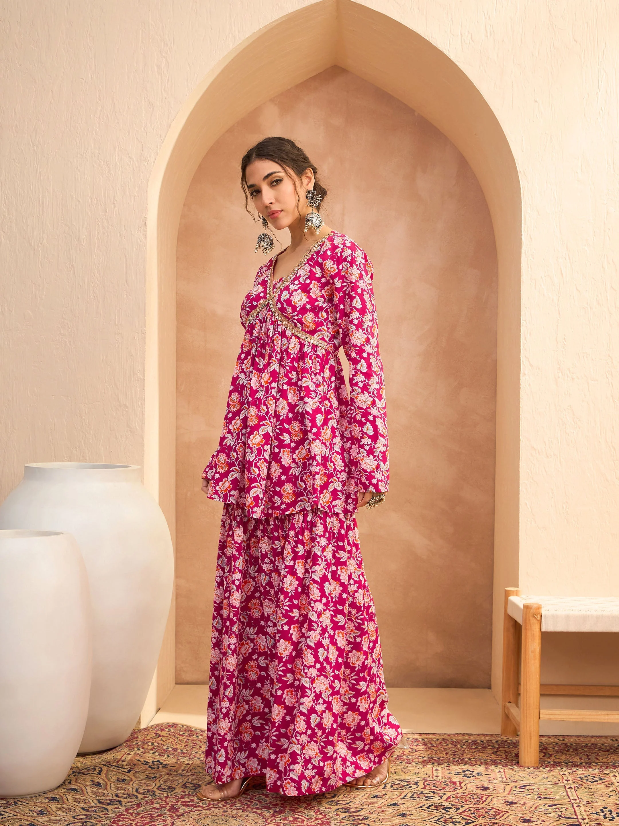 Women Red Floral Cambric Peplum Top With Sharara Pants - Image 3