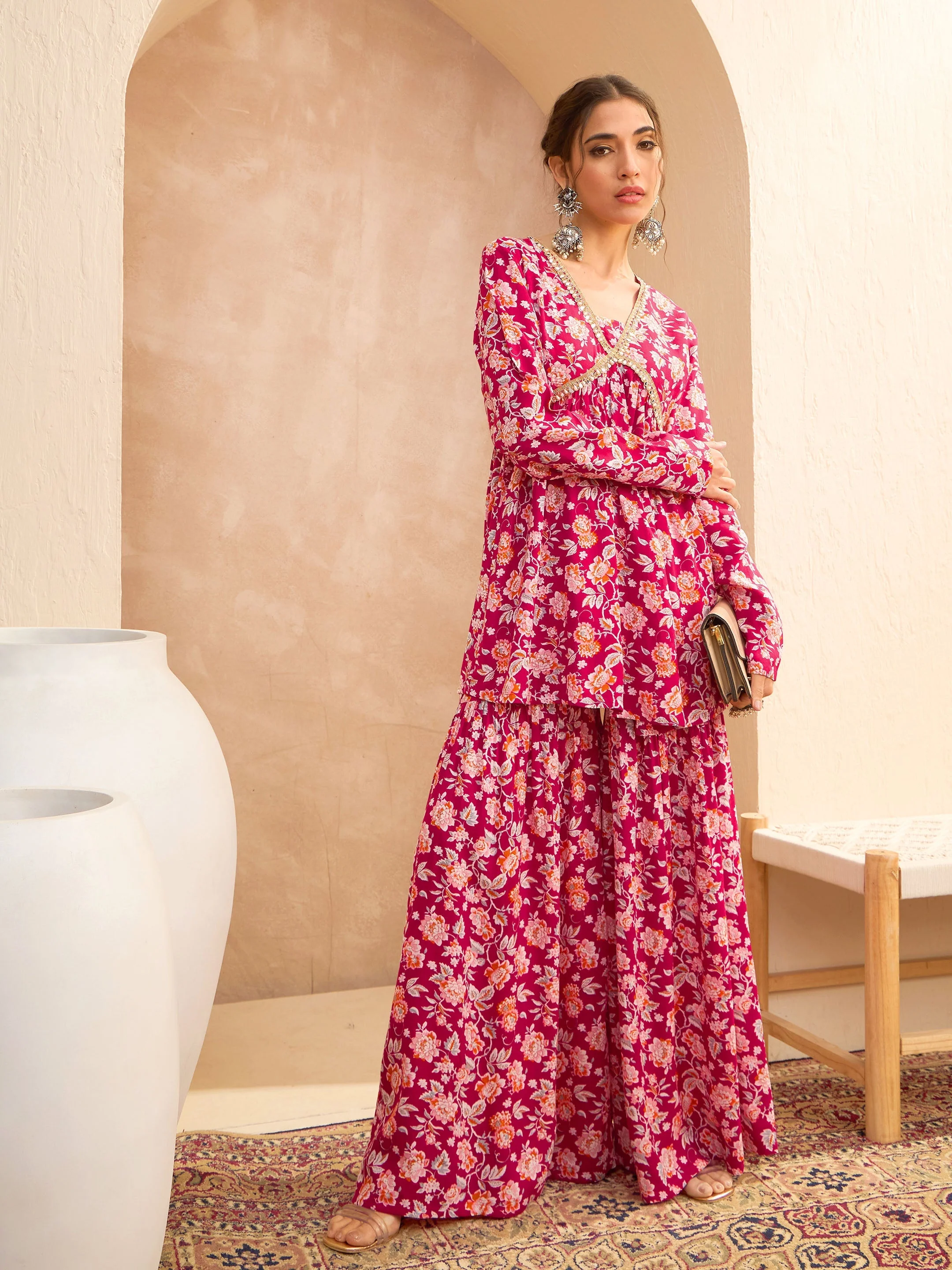 Women Red Floral Cambric Peplum Top With Sharara Pants - Image 5