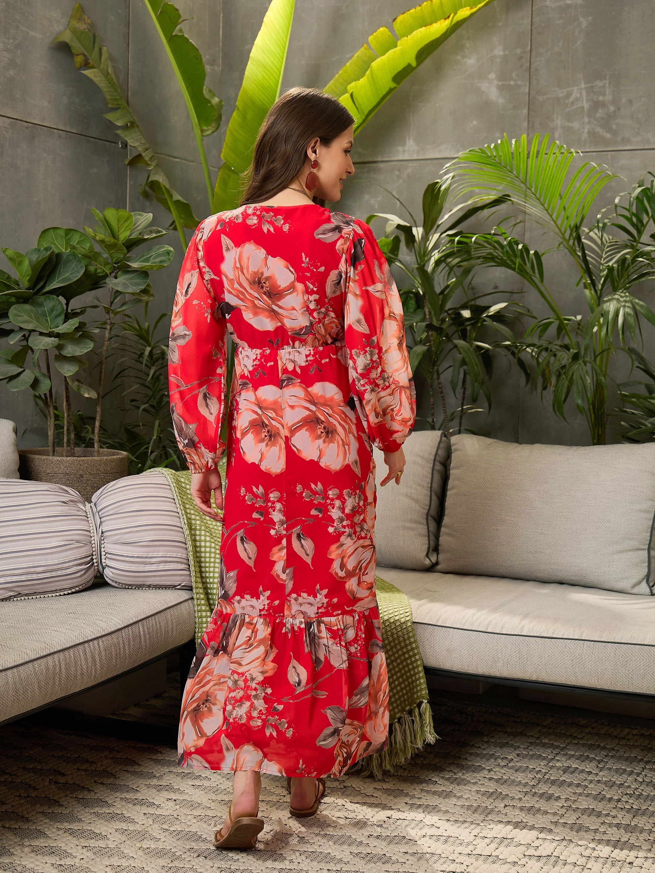Women Red Floral Cowl Maxi Dress - Image 5