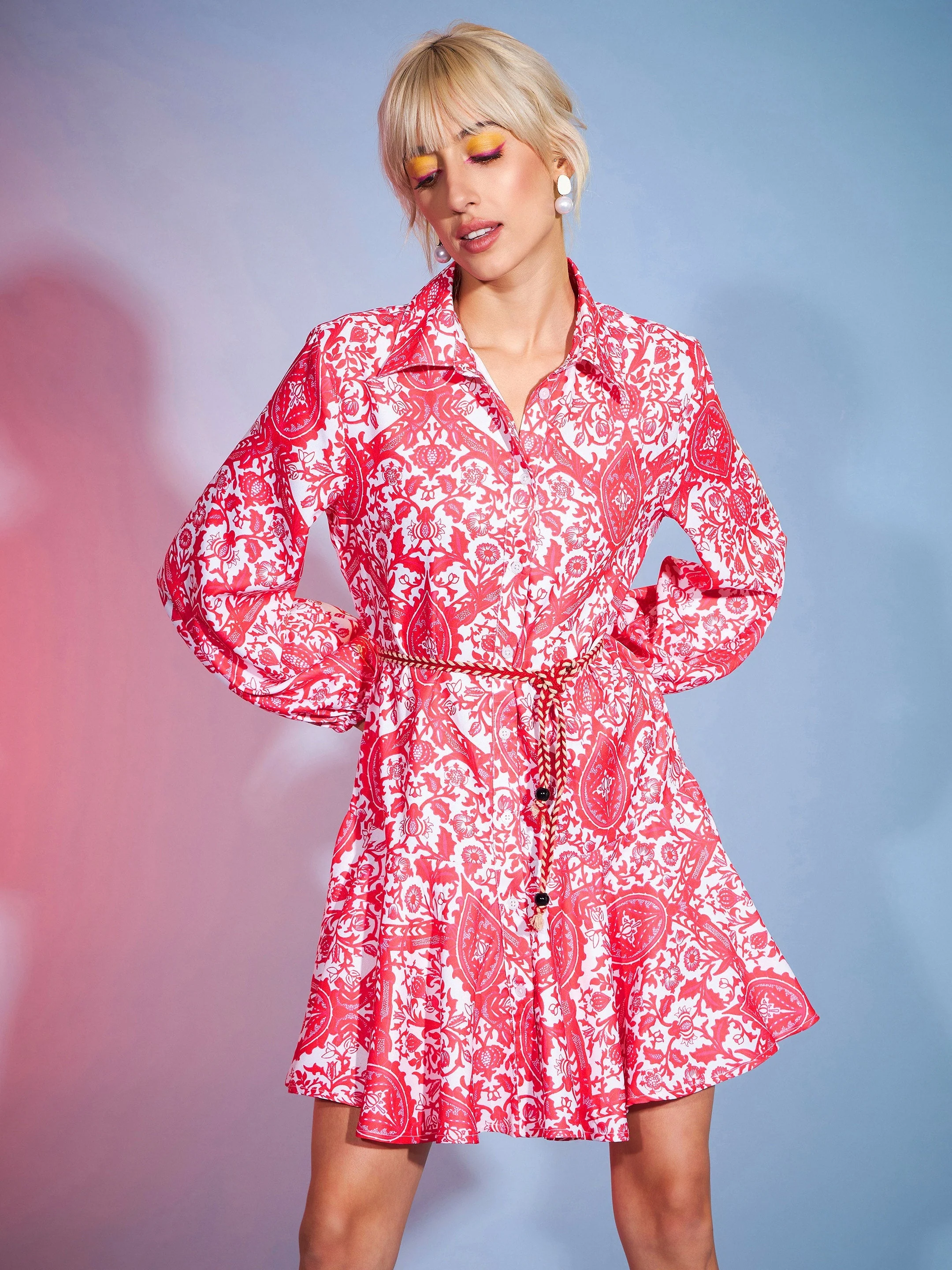 Women Red Floral Flared Skater Dress - Image 6
