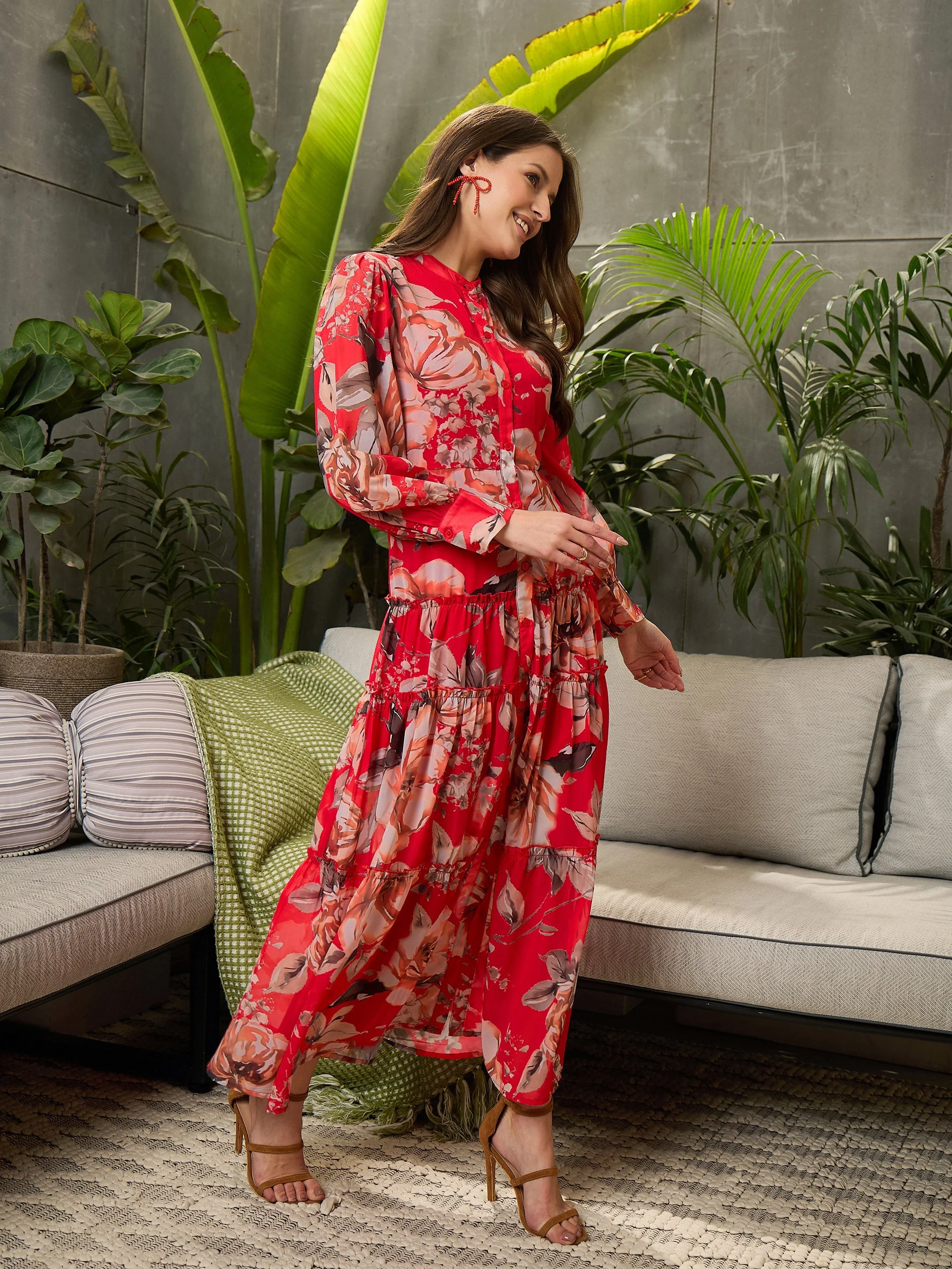 Women Red Floral Front Button Placket Maxi Dress - Image 3