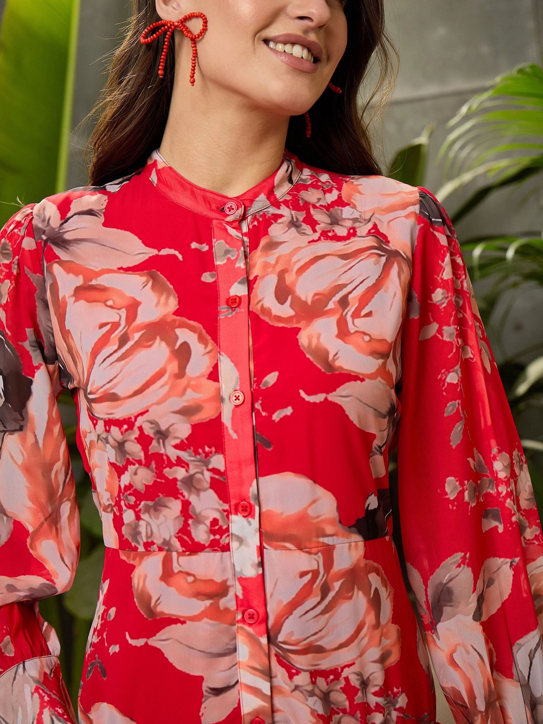 Women Red Floral Front Button Placket Maxi Dress - Image 4