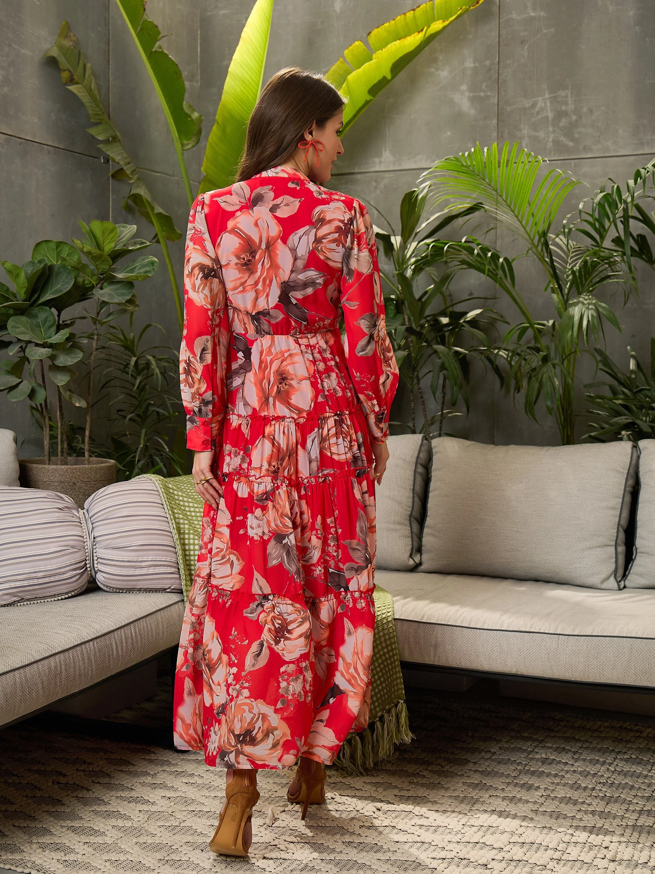 Women Red Floral Front Button Placket Maxi Dress - Image 5