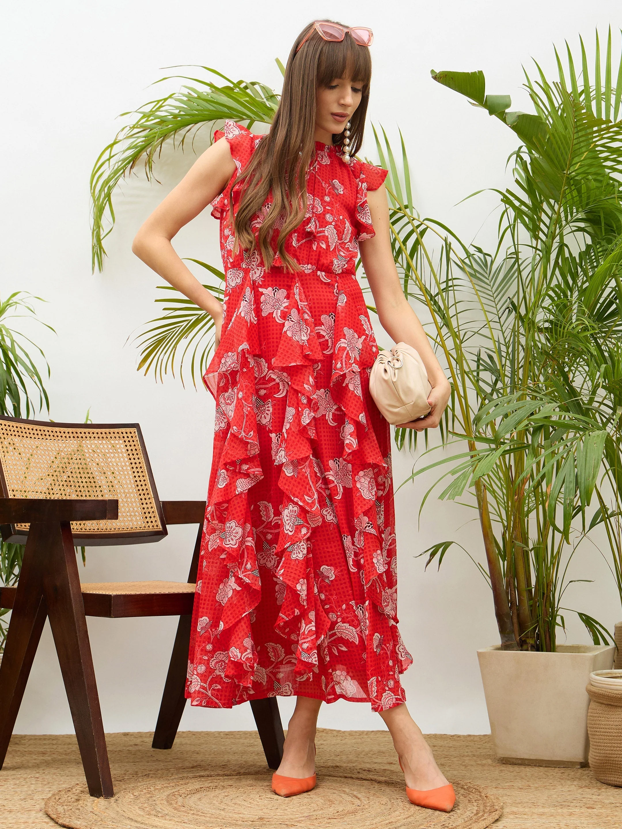 Women Red Floral Front Ruffle Detail Maxi Dress - Image 2
