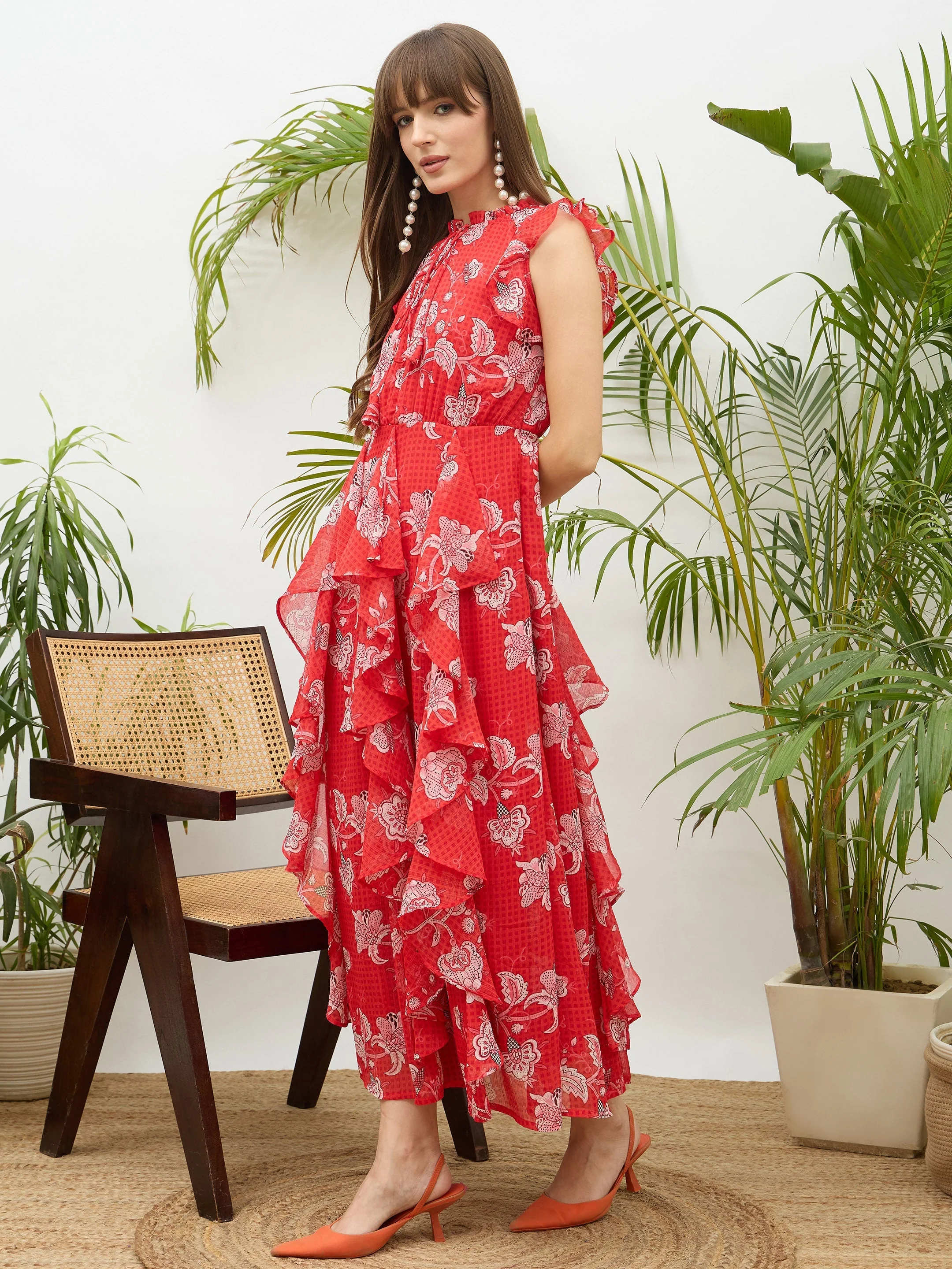 Women Red Floral Front Ruffle Detail Maxi Dress - Image 3
