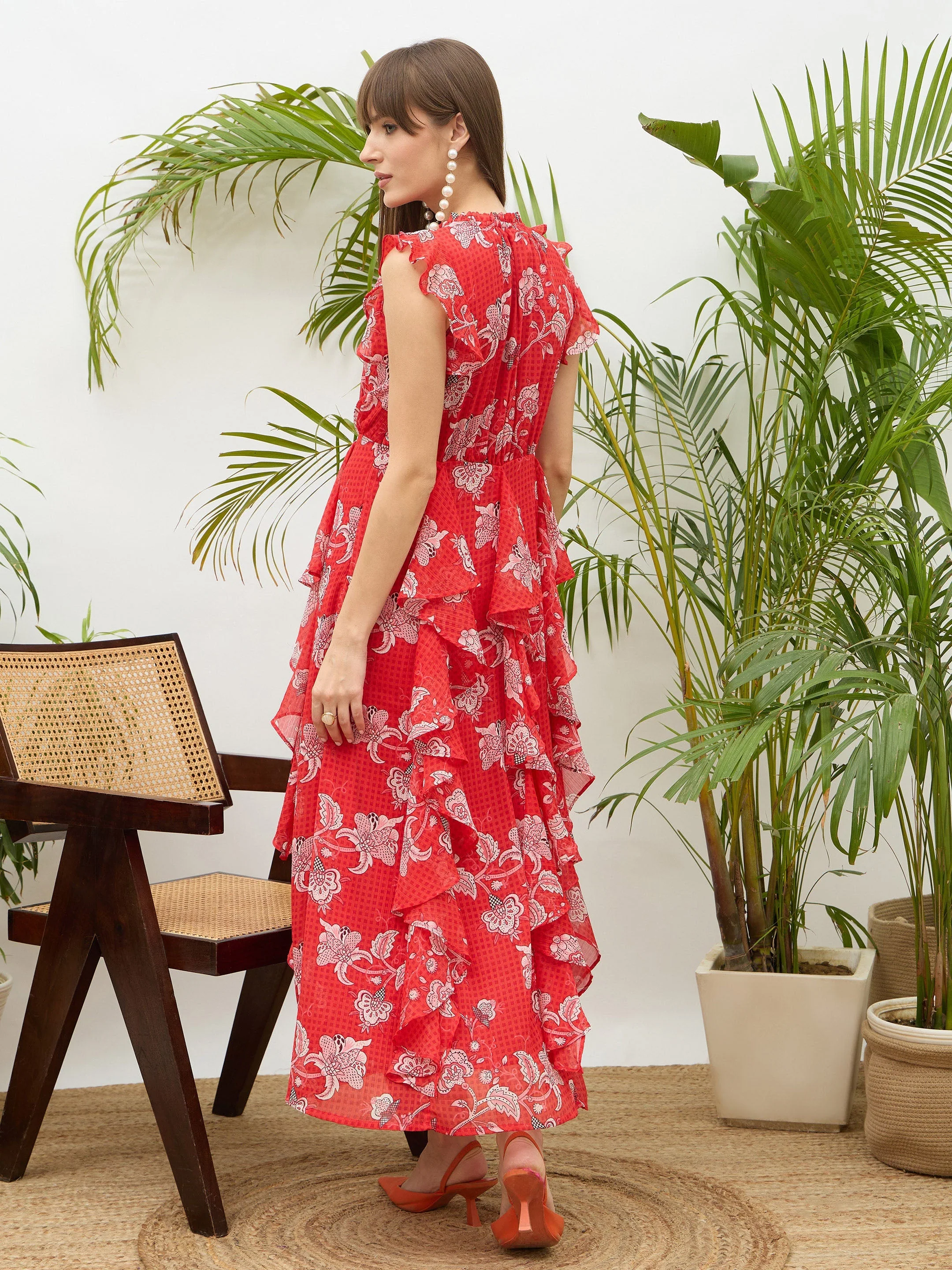 Women Red Floral Front Ruffle Detail Maxi Dress - Image 5