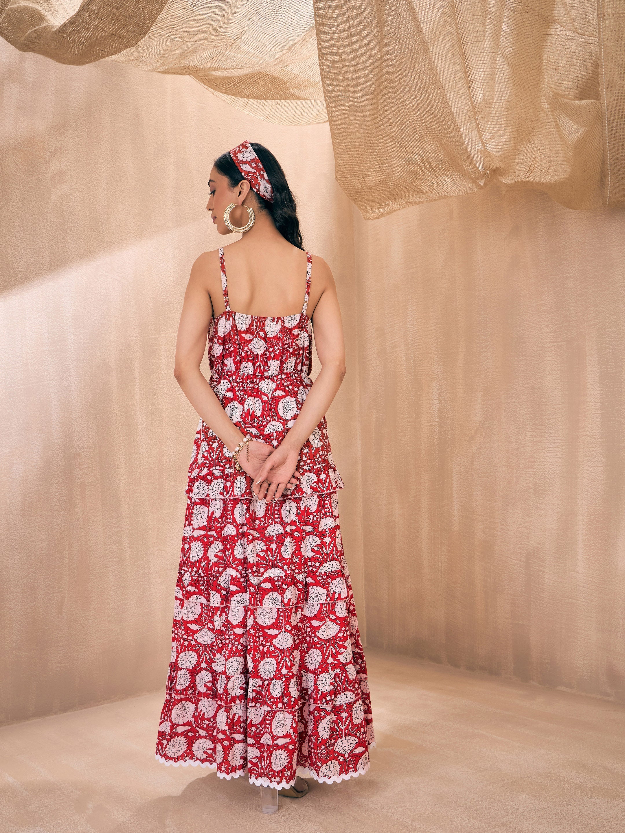 Women Red Floral Front Slit Strappy Maxi - Image 2