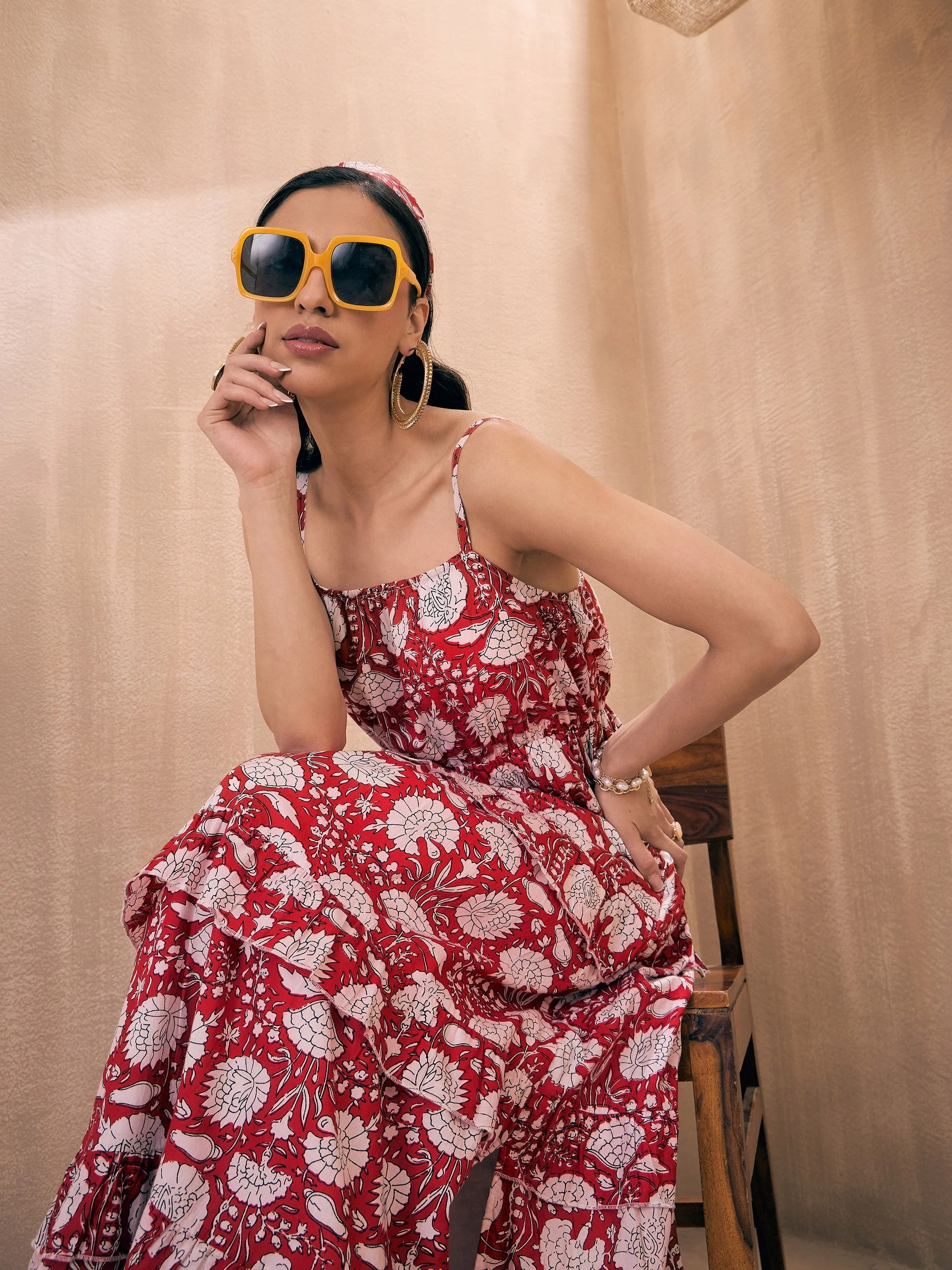 Women Red Floral Front Slit Strappy Maxi - Image 3