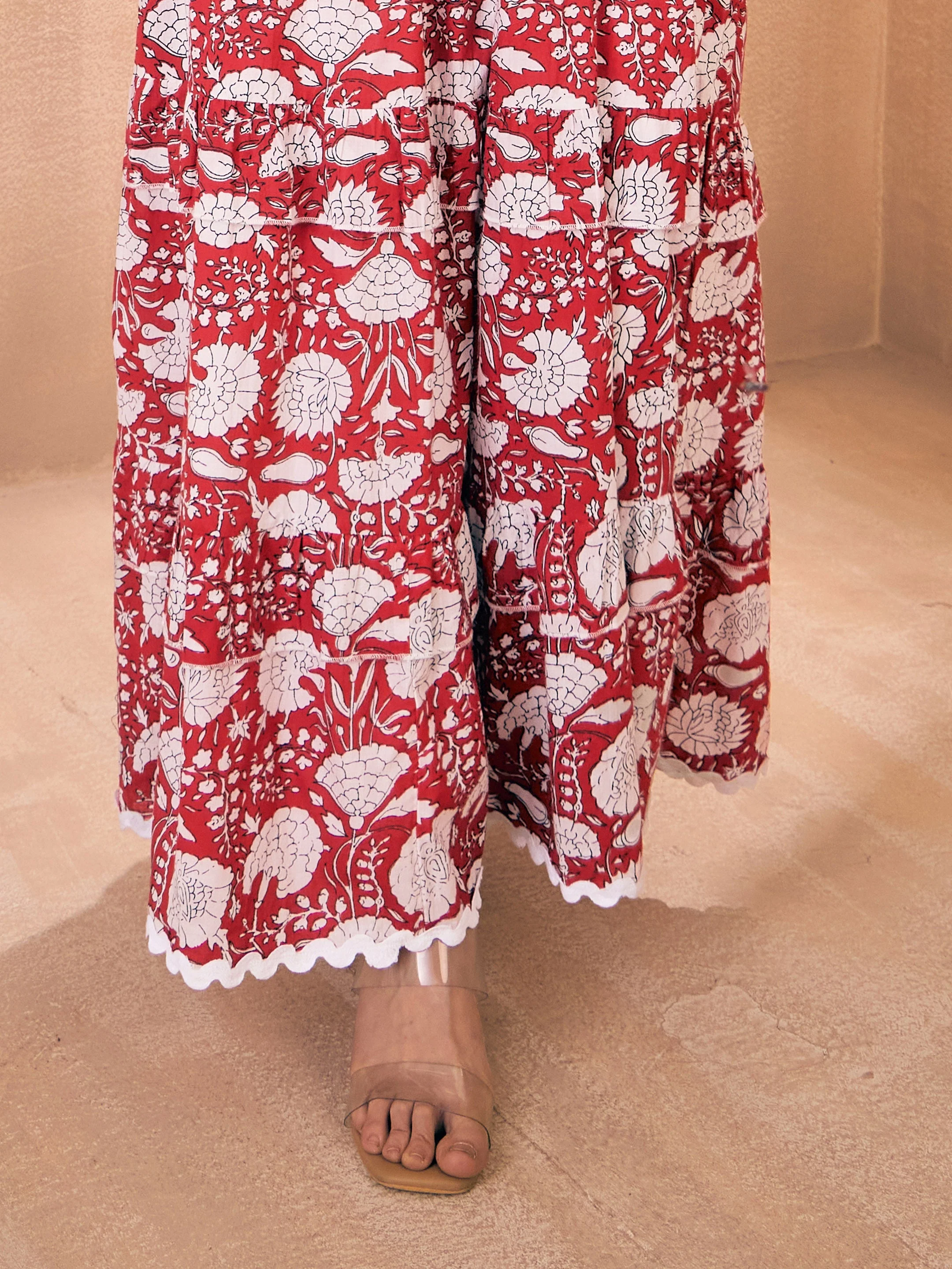 Women Red Floral Front Slit Strappy Maxi - Image 4