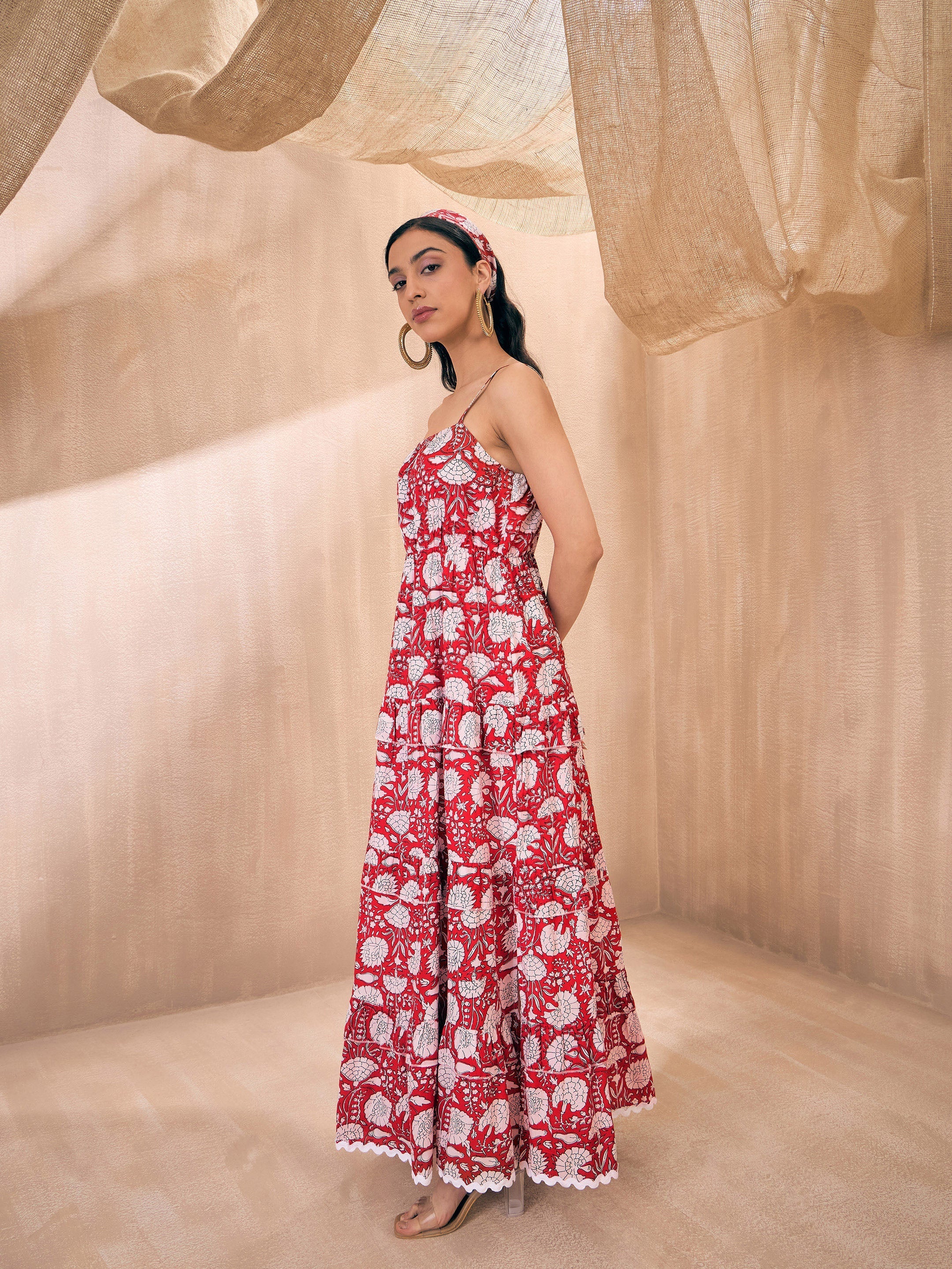 Women Red Floral Front Slit Strappy Maxi - Image 5